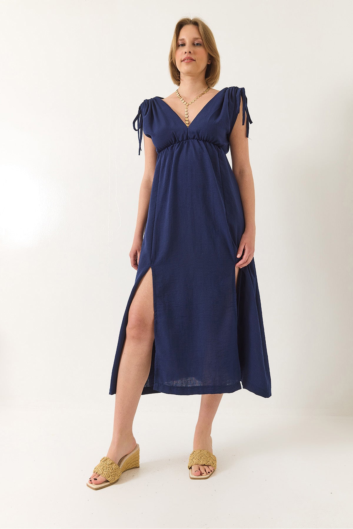 Women's V-Neck, Elastic Waist, Slit, Tie Detail, Linen Textured Dress 437 60283175