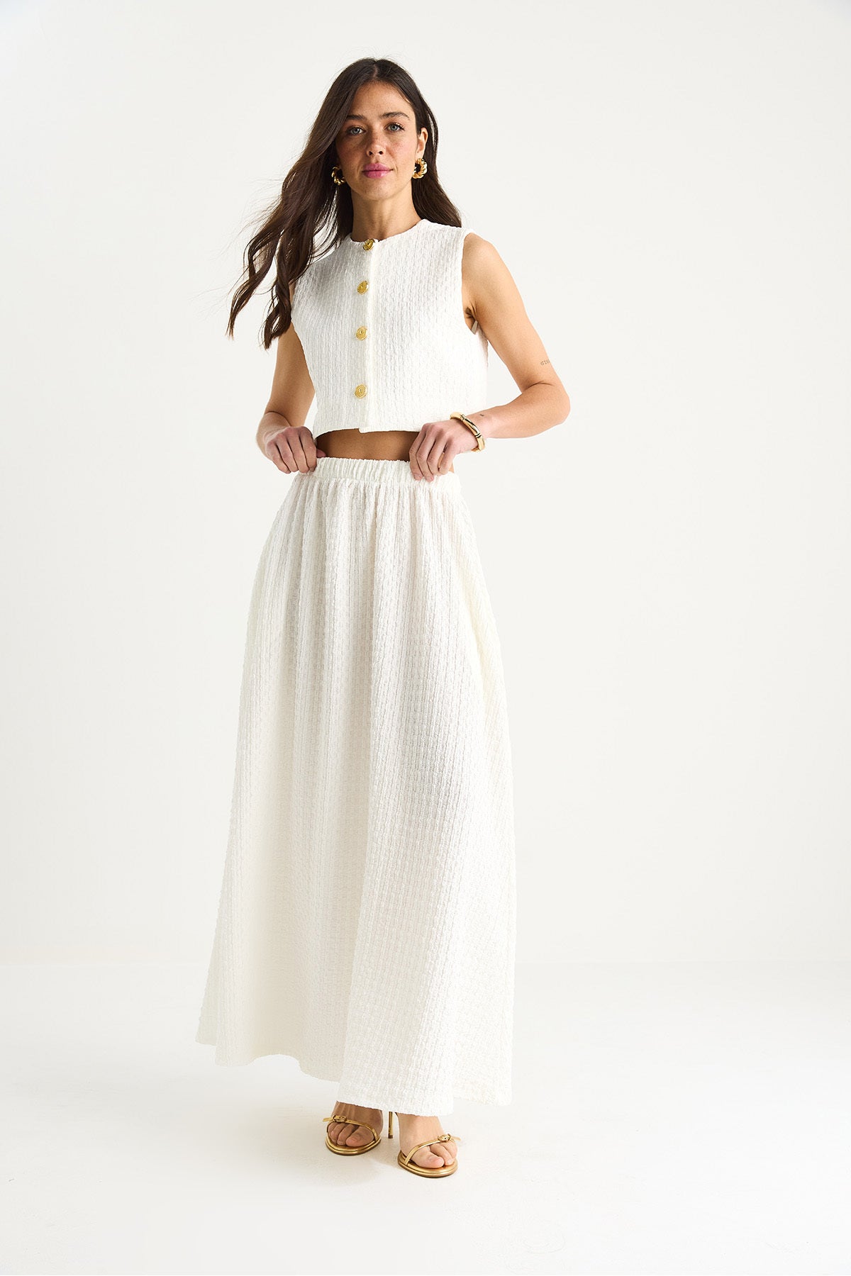 Women's Crop Vest, Elastic Waist, Pocket Detail, Long Skirt, Top and Bottom Seersucker Suit 4006 60283371