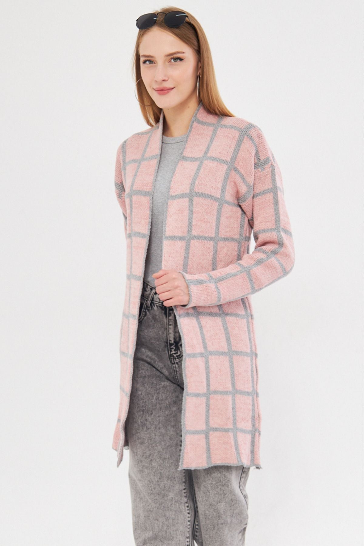 Woman Pink Square Patterned Long Knitwear Cardigan ARM-25K012007