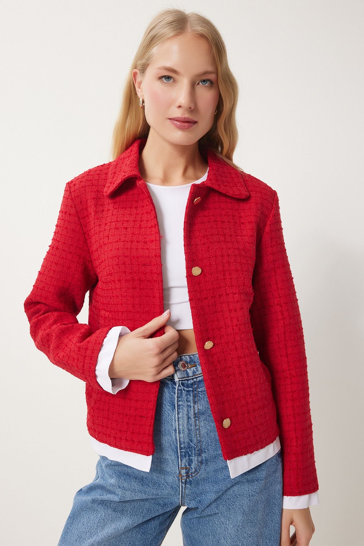 Woman Red Shirt Collar Tüvit Jacket to00157