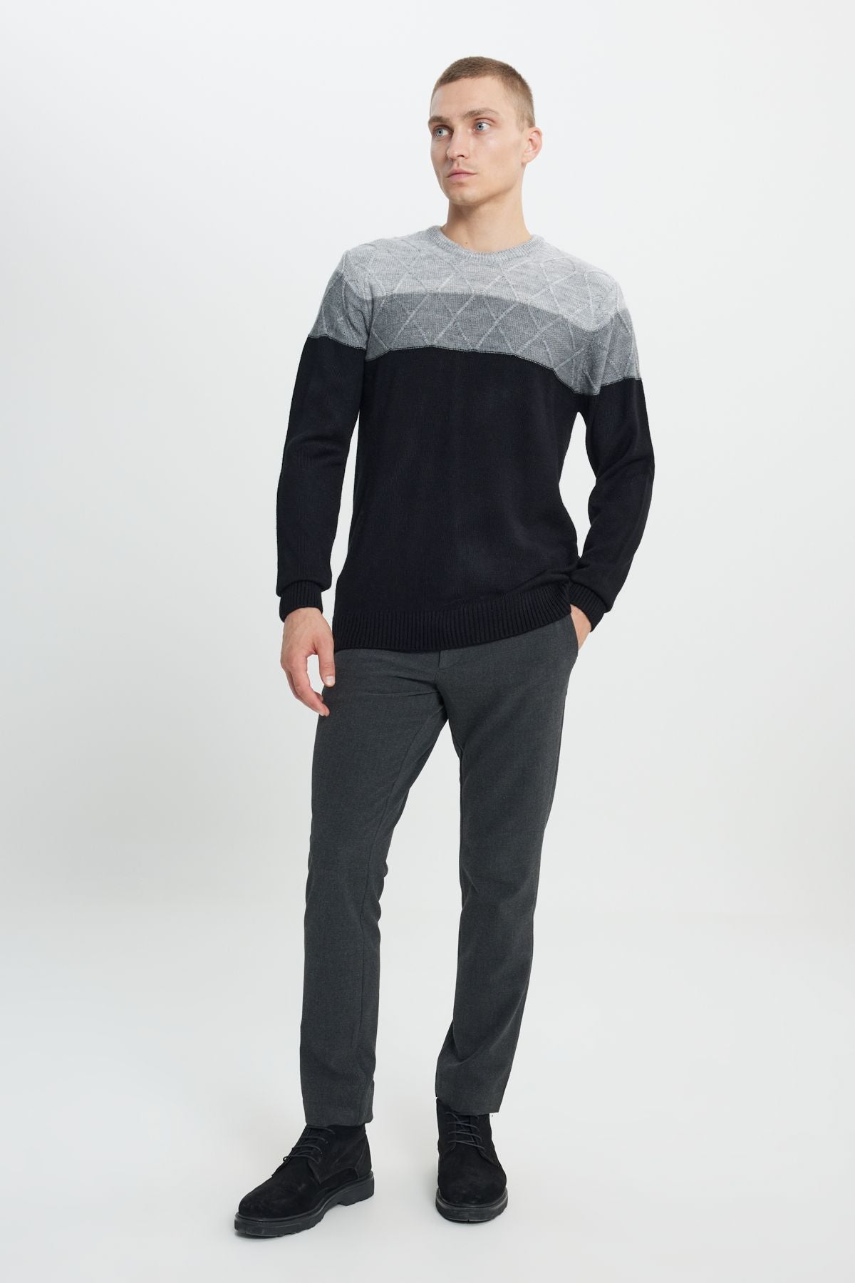 Men's Gray-Black Standard Fit Normal Cut Normal Class Colorblock Patterned Knitwear Kazakh