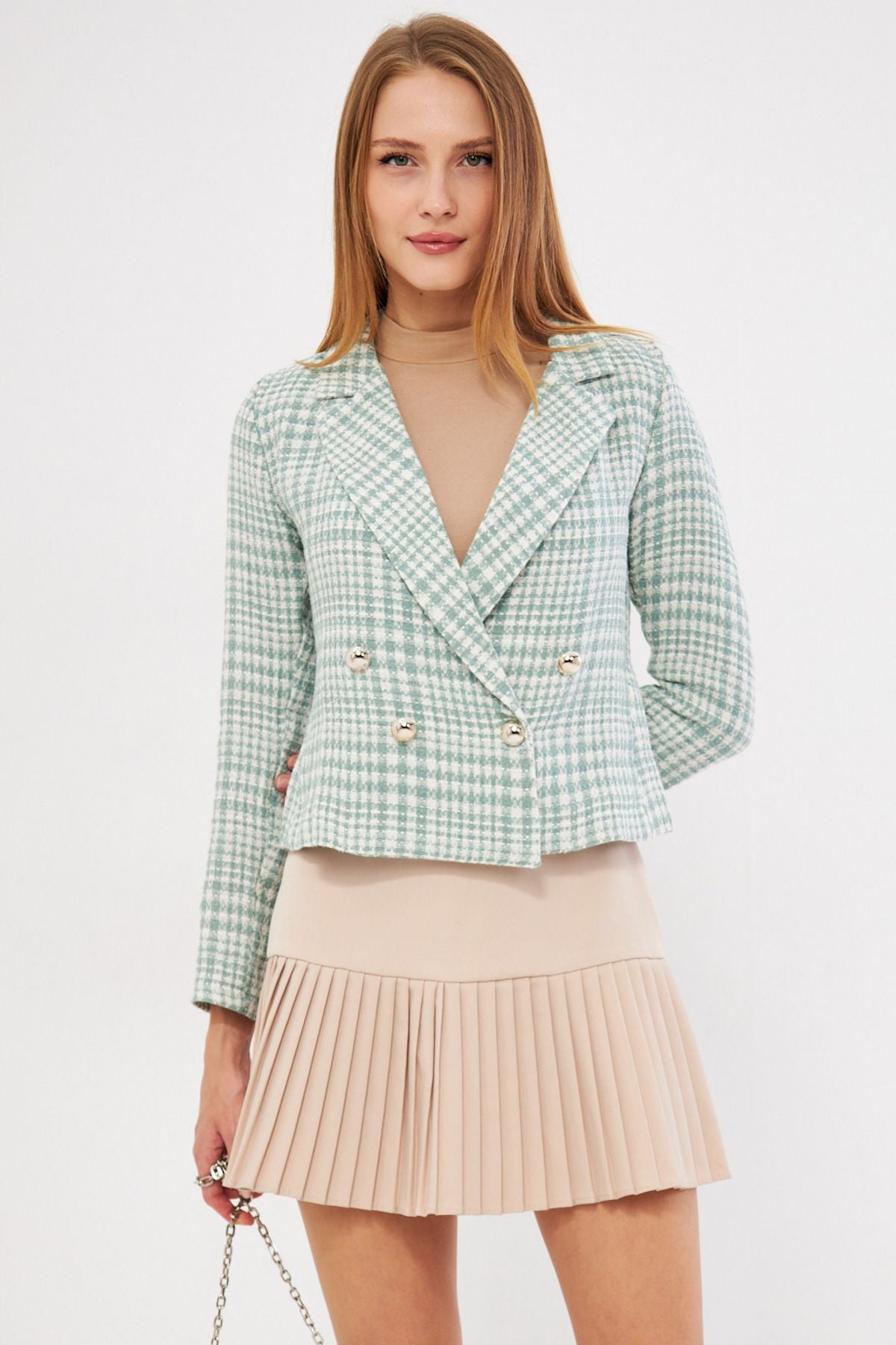 WOMEN WHITE-MINT CREMAZE YAKA TÜVİT Crop Jacket ARM-24K001014