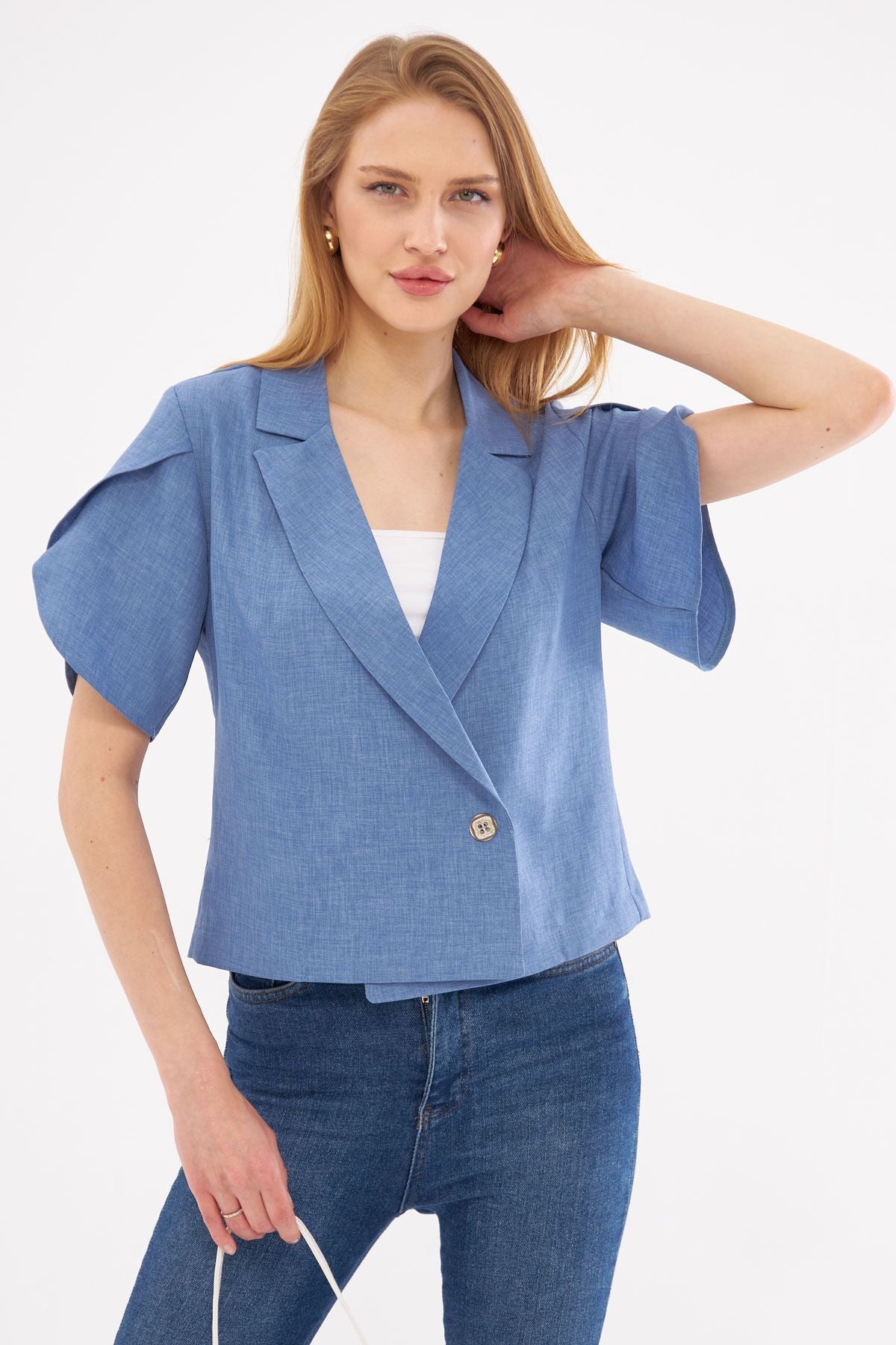 WOMEN'S INDIGO BLANT SPRING DETAILED CROP SHORT SOLD JACKET ARM-24Y001048