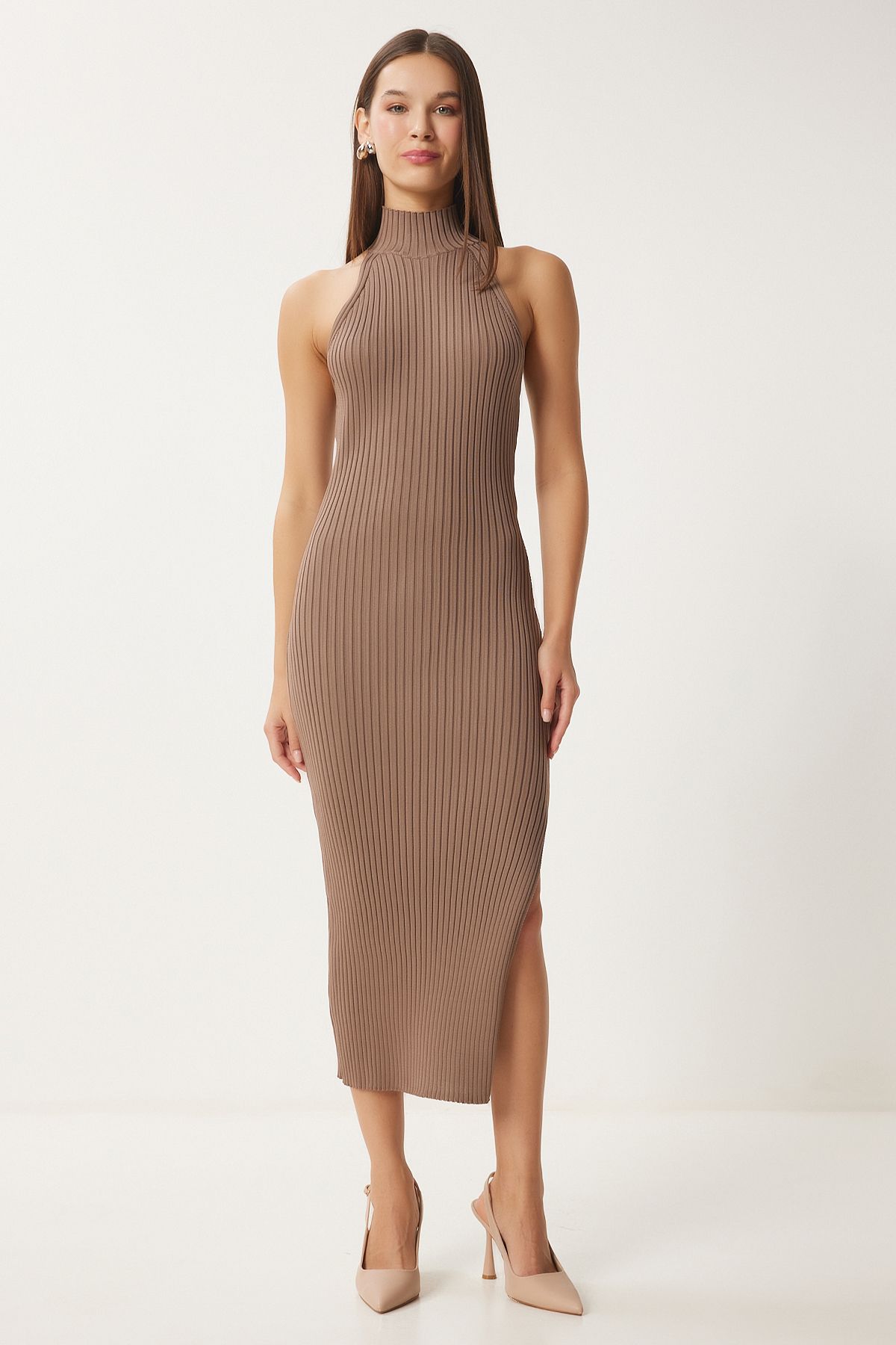 Female mink wrapped knitwear dresses with open shoulders FN03424