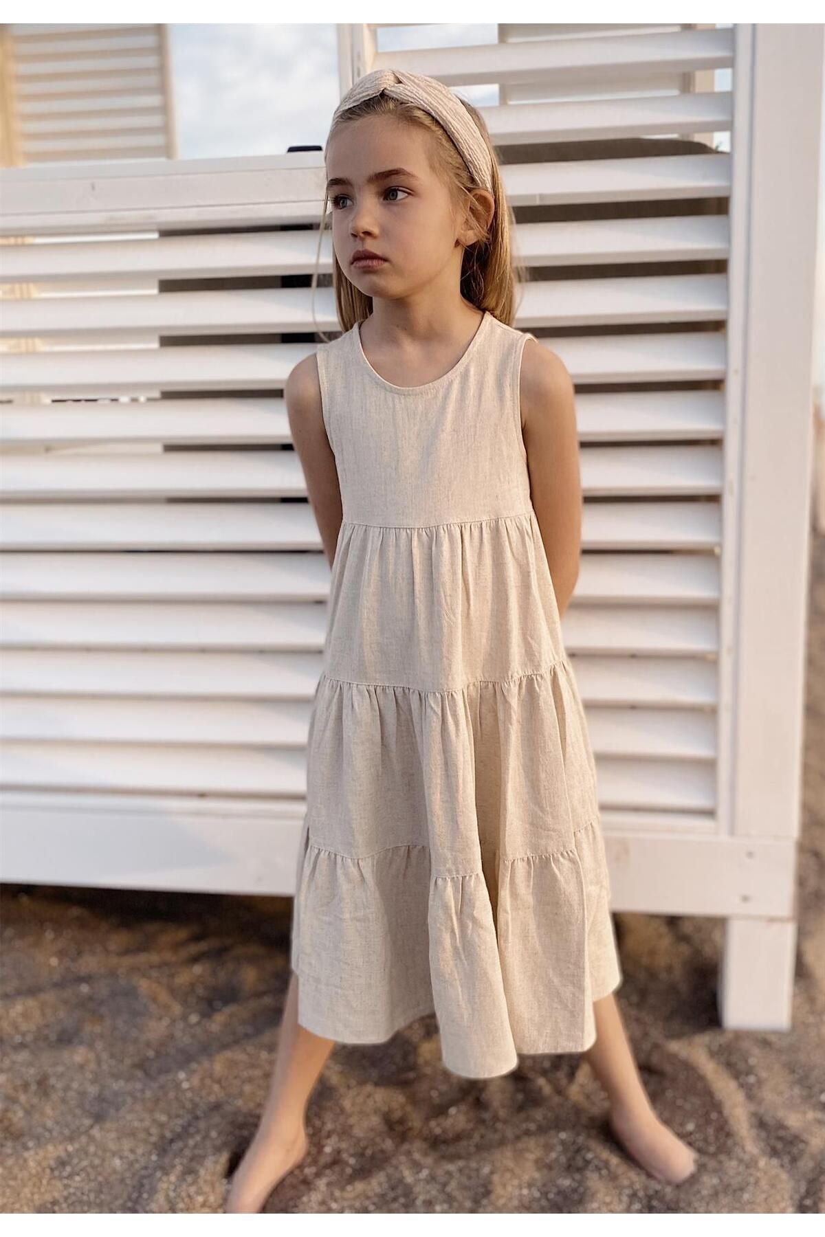 Shirred folded linen dress 2-7 years Naturel