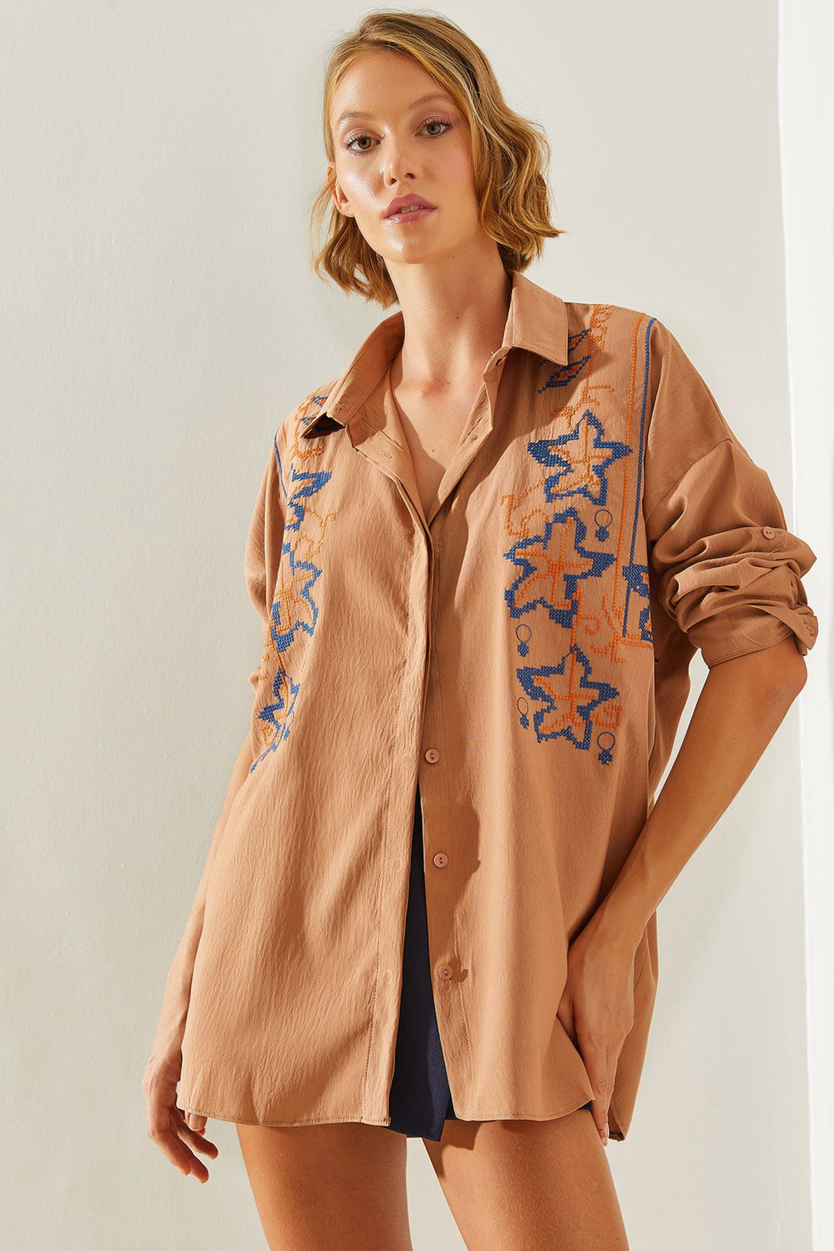 Woman Embroidery Processing Patterned Oversize Shirt 5928 60251479