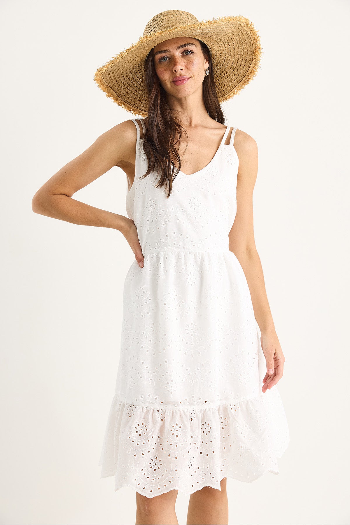 Women's V-Neck Back Detailed Lined Skirt Flared Brode Dress 5244 60281067