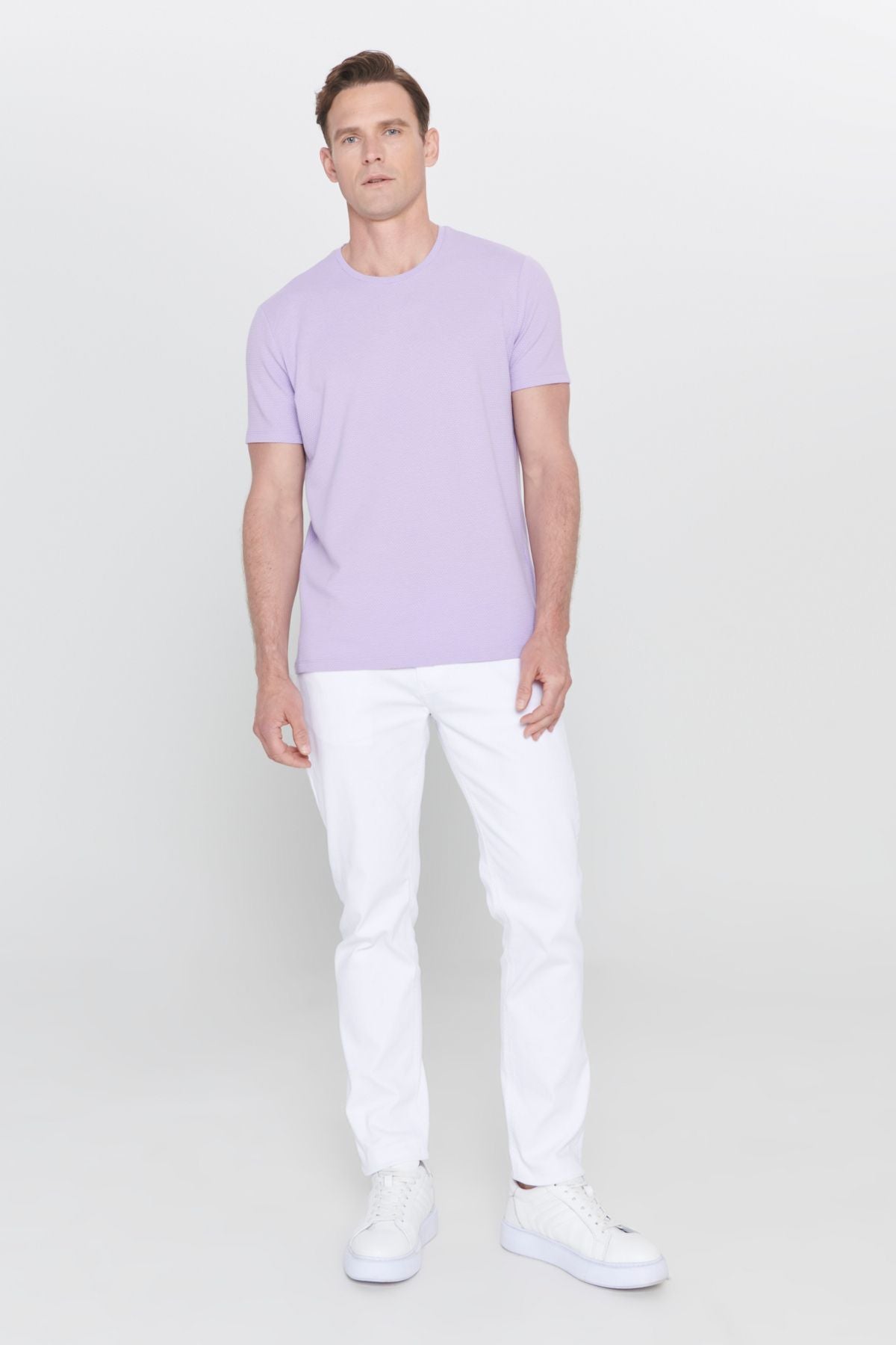 Men's lilac slim fit narrow cut modal bike collar soft button flexible basic t -shirt