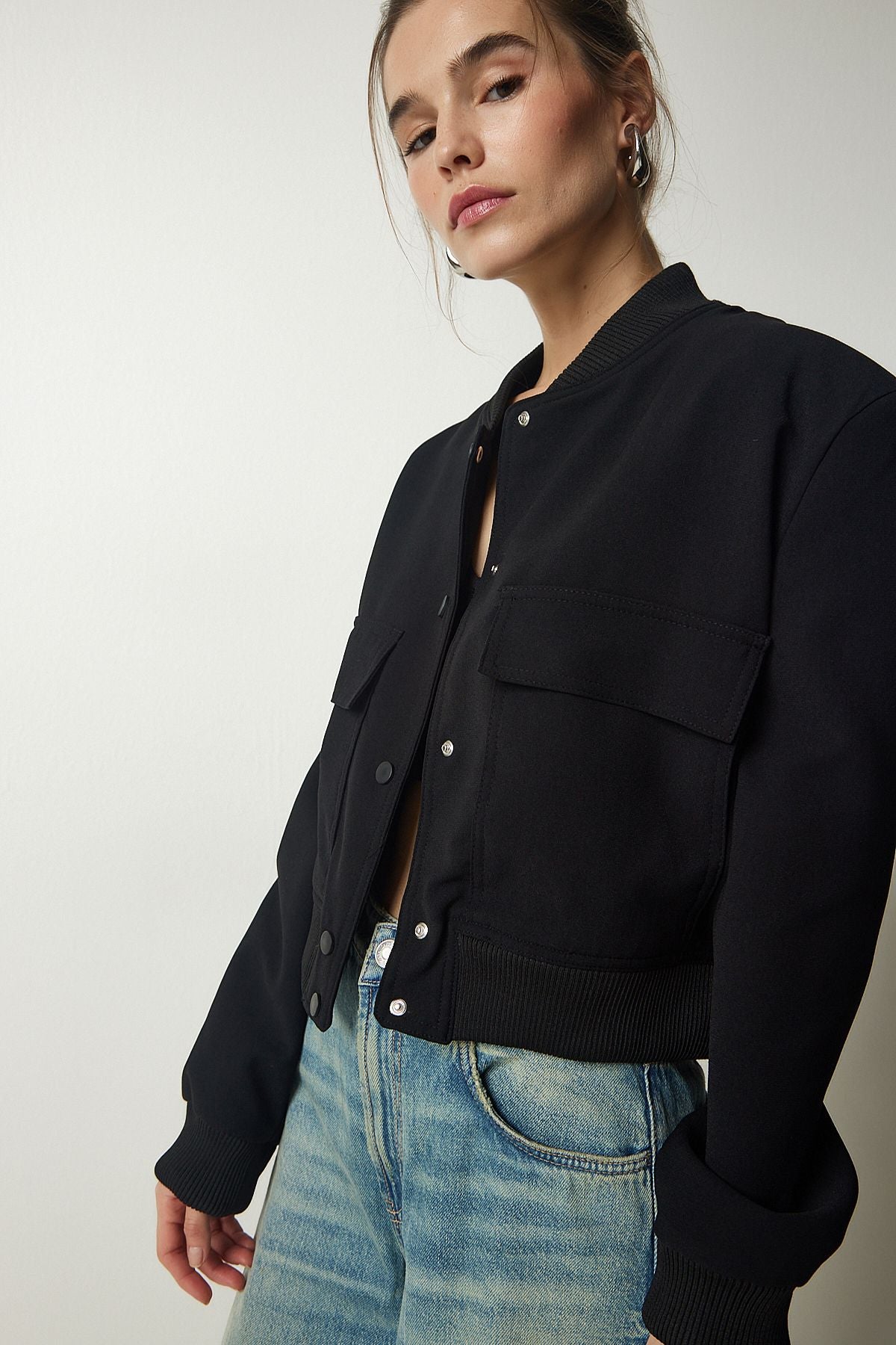 Female Black Wide Pocket Bomber Jacket FN03041