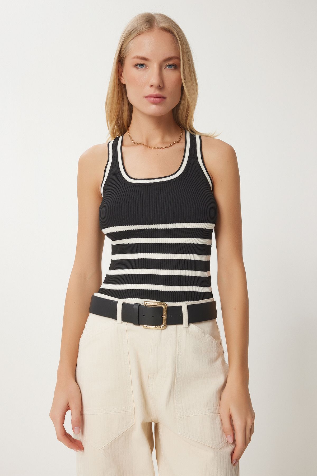 Female black cream striped knitwear blouse FN03451