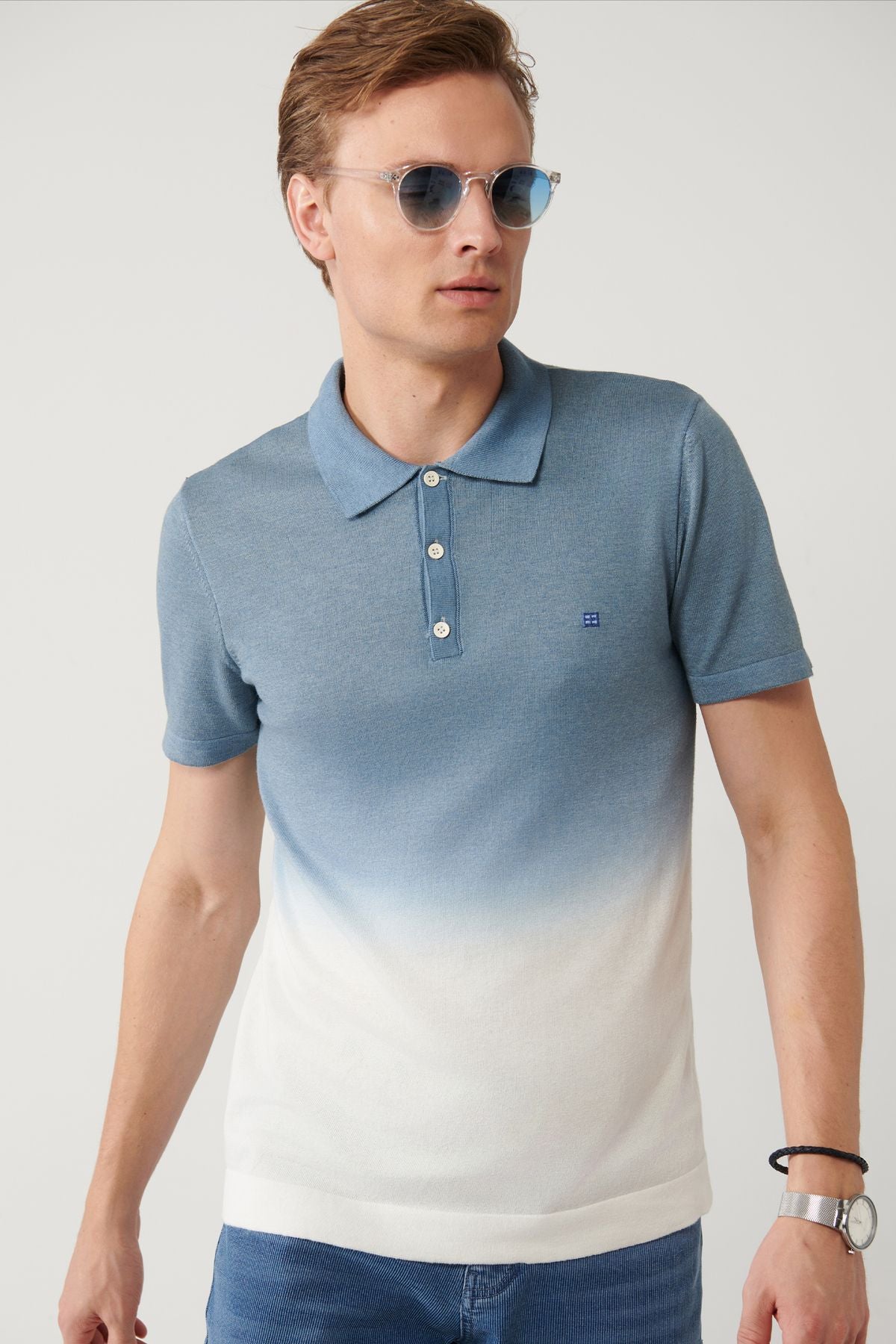 Erkek Indigo 3 Düğmeli Garment Dyed Polo Yaka Trico T-Shirt A41Y5068