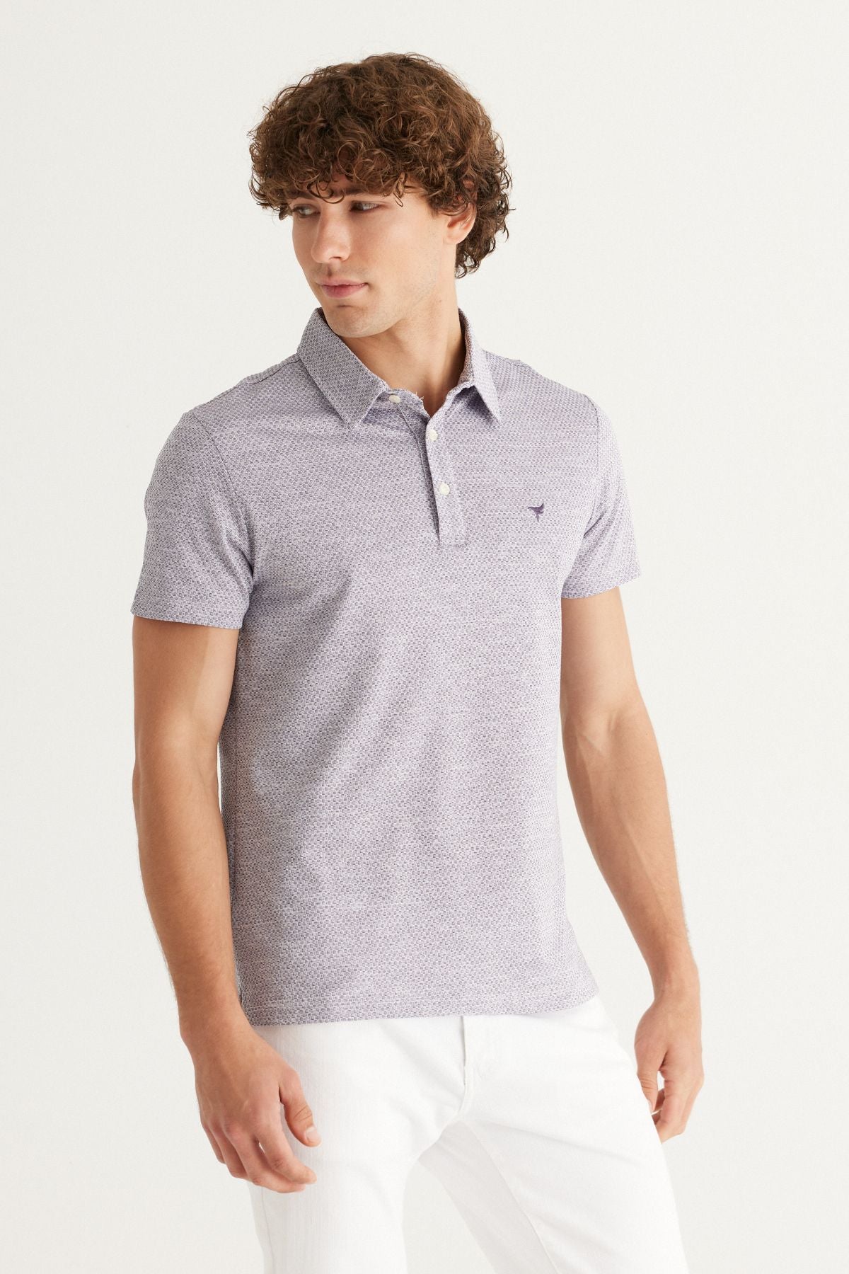 Men's purple-white easy-to-ironing slim fit narrow cut polo collar short sleeve jacquard t-shirt