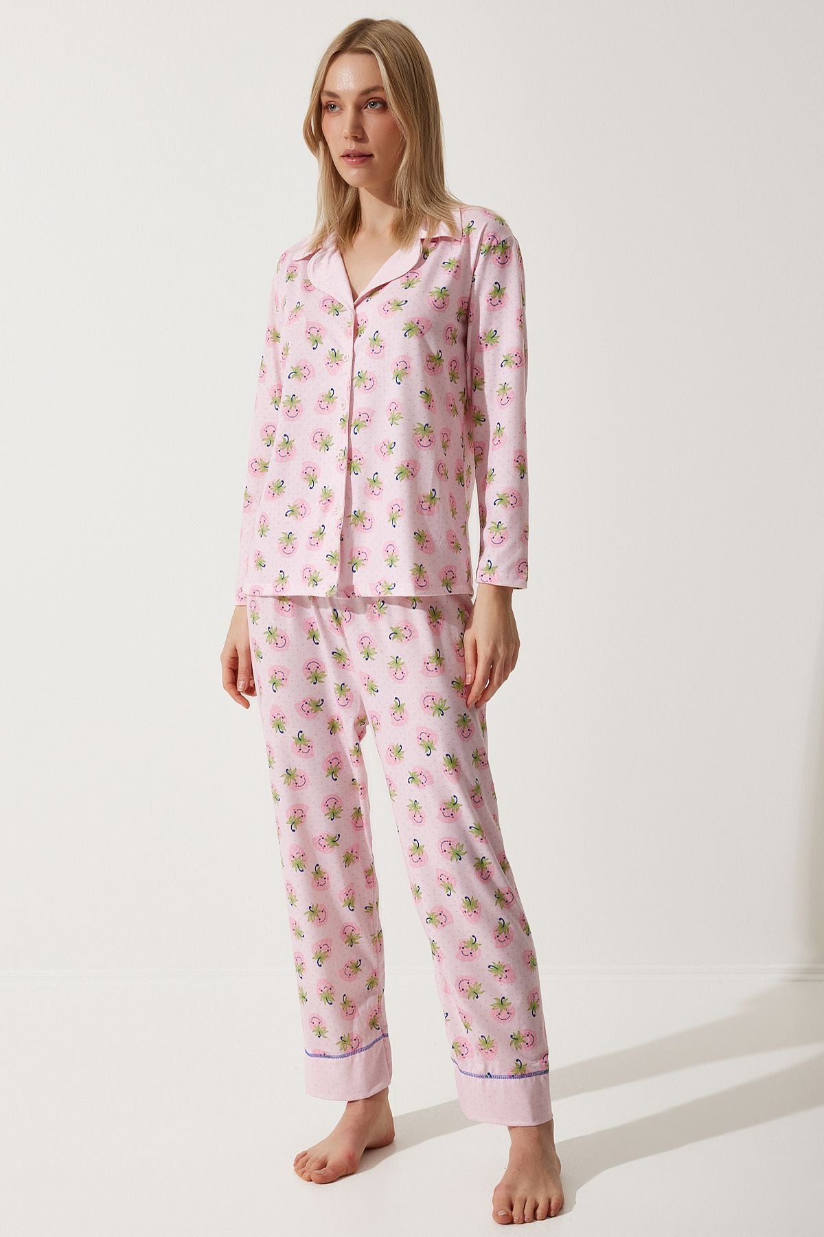 Woman Pink Patterned Shirt-Pantolone Knitting Pajama Set TK00092