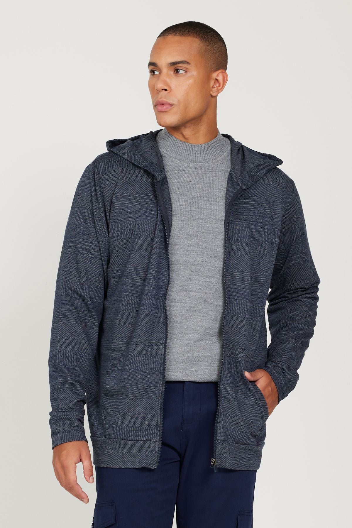 Men's Navy-Gri Standard Fit Normal Normal Cut Hooded Zipper Sweatshirt Jacket