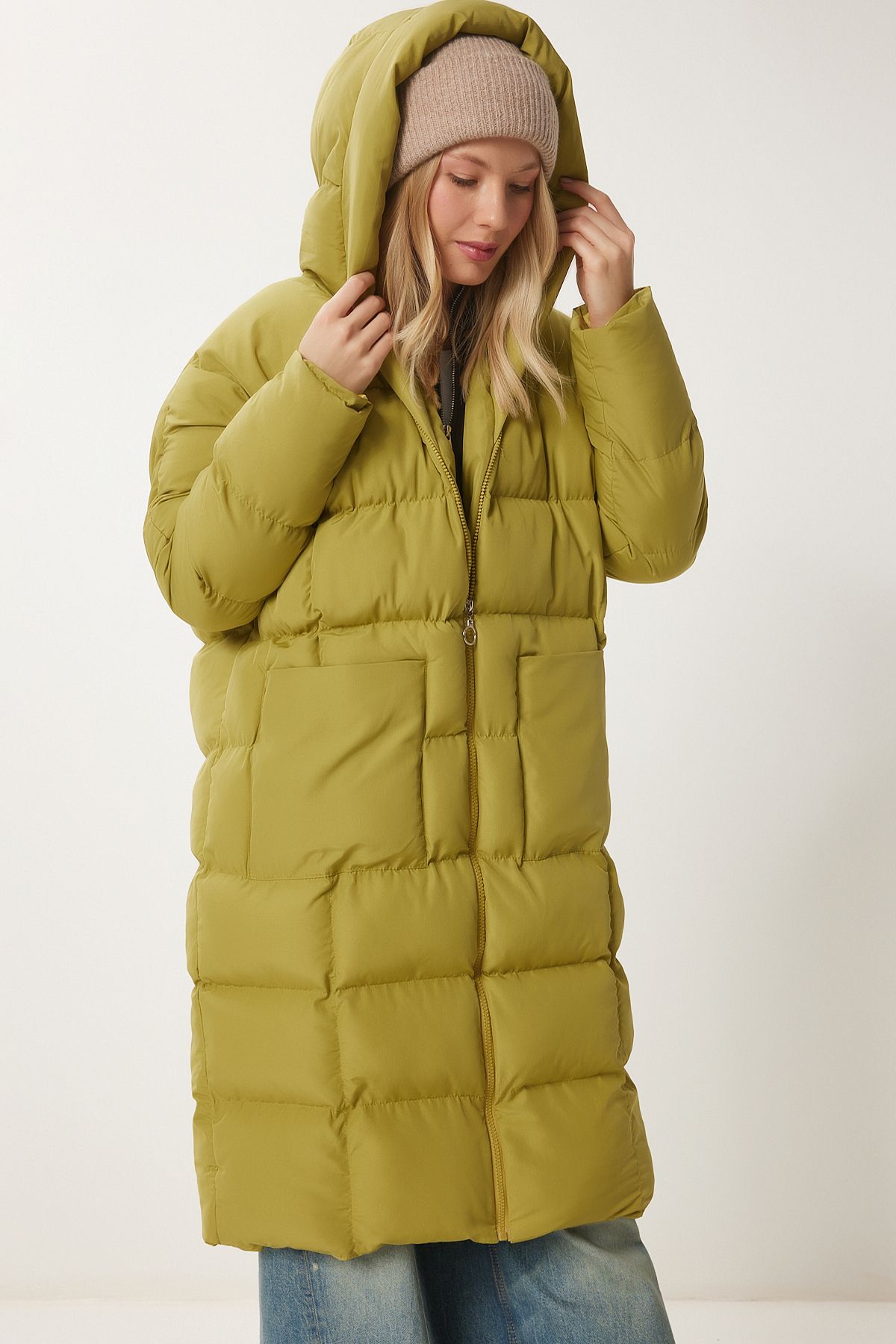 Female fat green hooded overlooking long swelling coat NT00428