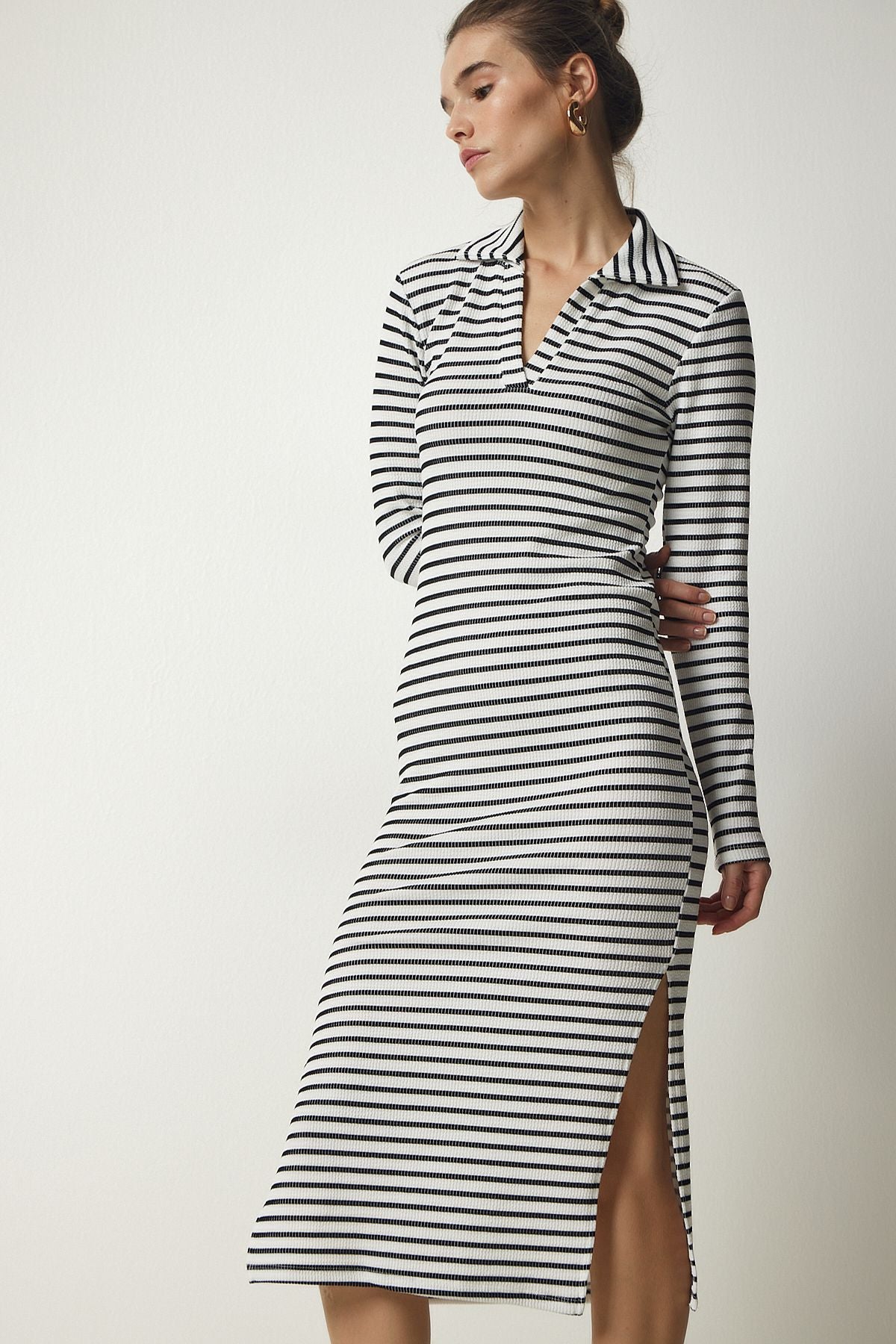 Woman White Polo Yaka striped Kashkorse Dress MC00238