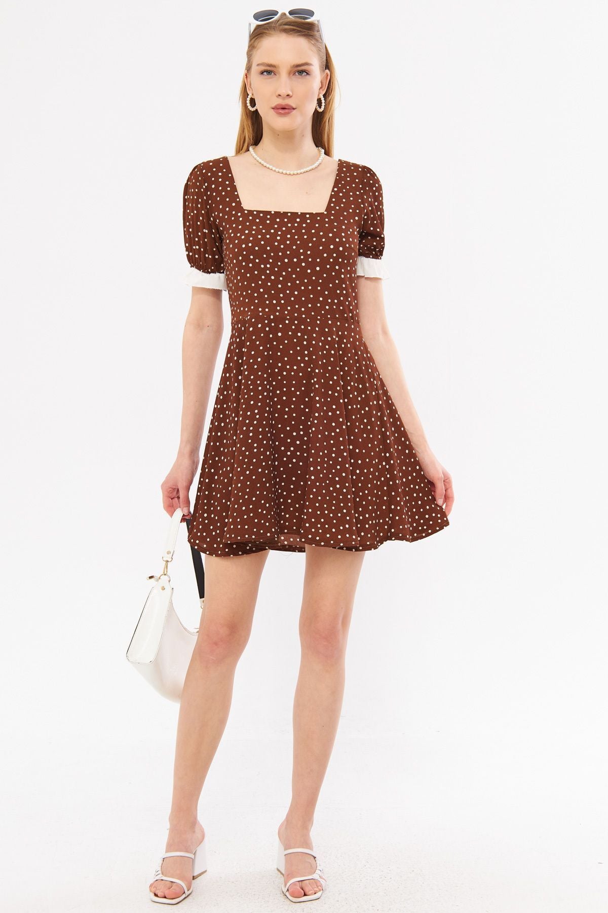 Female Coffee Front Rear Square Ruffle Detail Drthm Watermelon Watermelon Kloş Mini Dress ARM-24Y001051