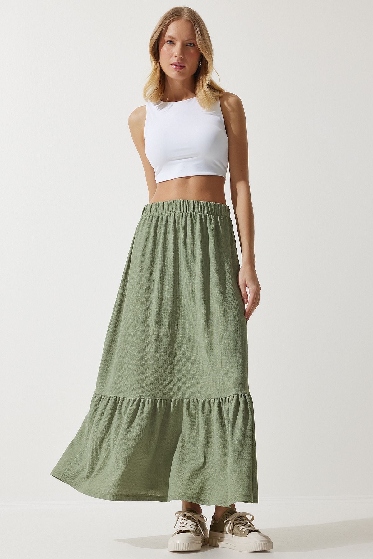 Women's Cagla Green Flased Summer Midi Skirt DD01231