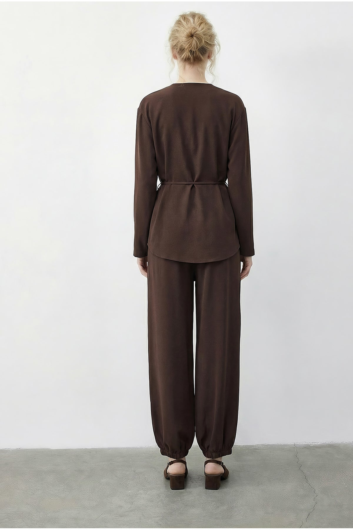 Women's Top-Bottom Set with Tie-Up Double Breasted Jacket and Comfortable Trousers with Elastic Legs 60610 60283990