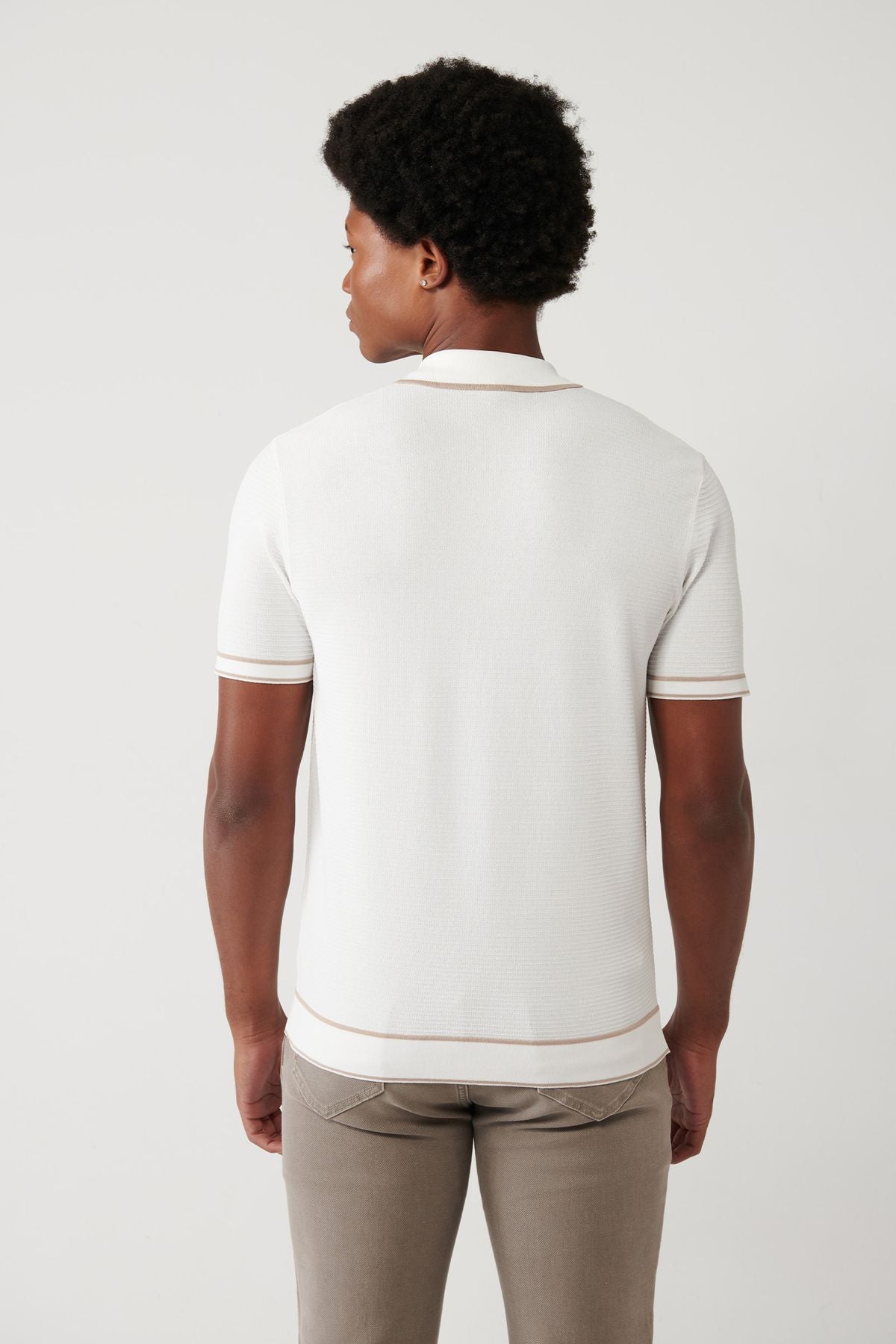 Men's ecru zipper texture rayon polo collar knitwear T-shirt A41y5002