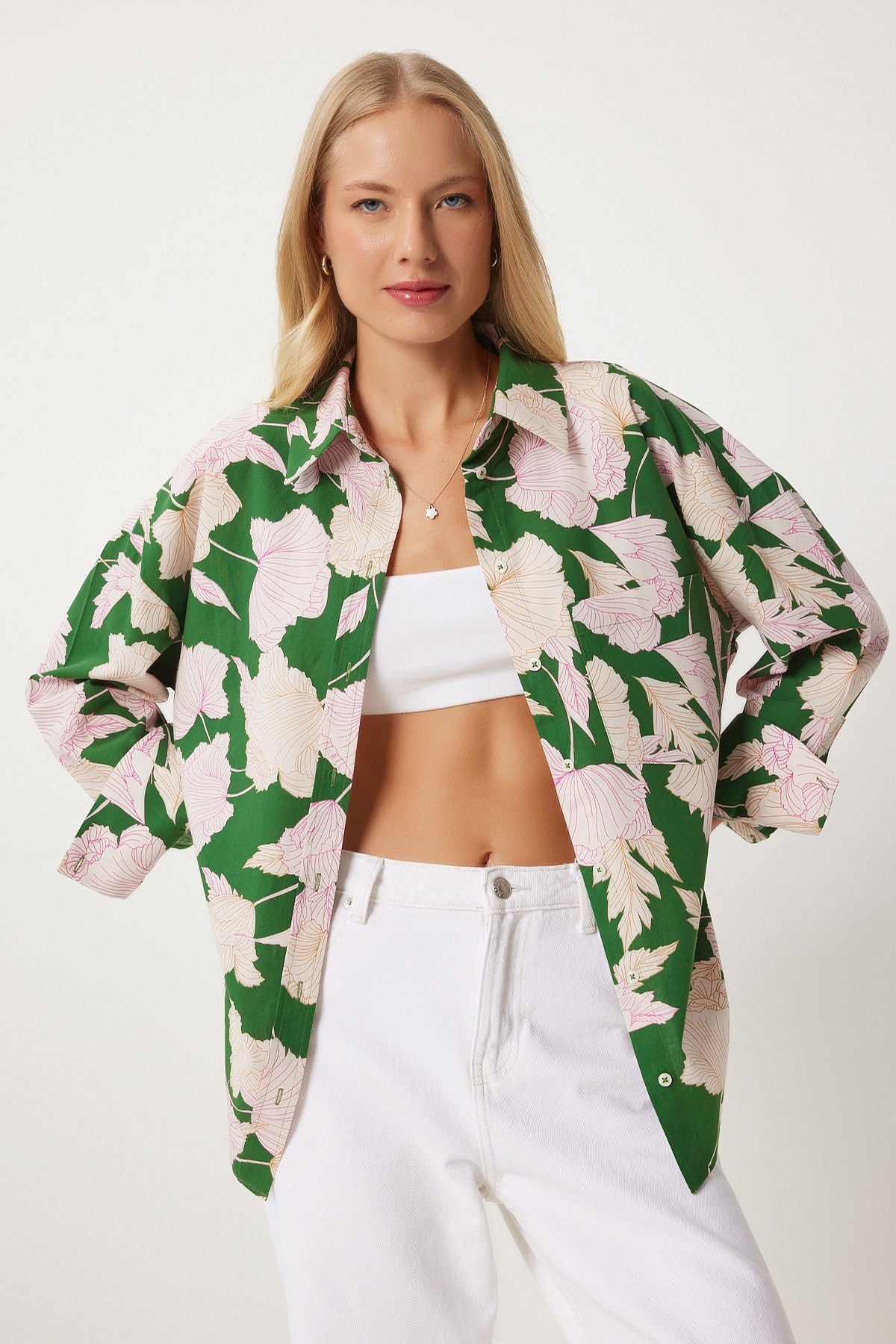 Female Green Patterned Poplin Shirt HM00064