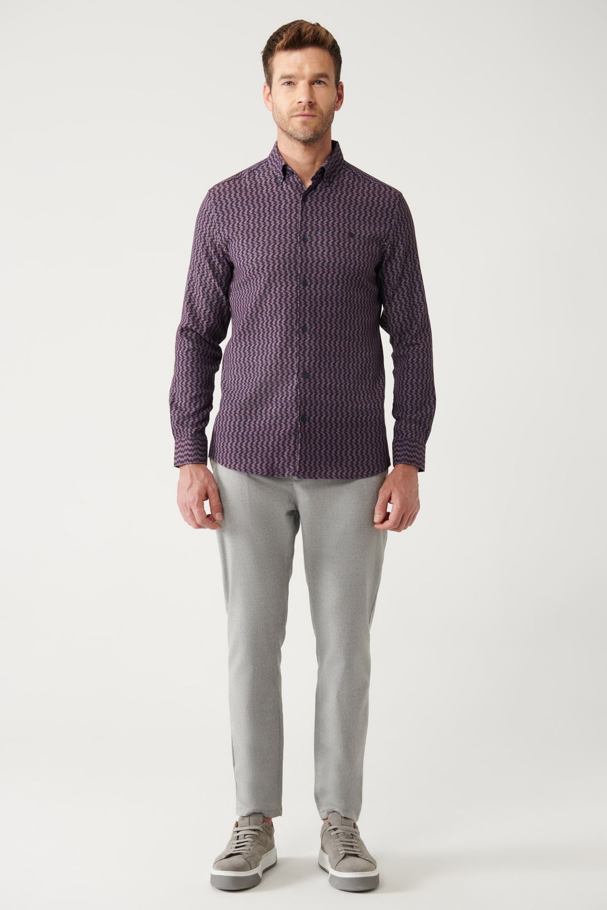 Flexible Cotton Shirt with Men's Bordeaux Buttoned Neck Pattern A32Y2145