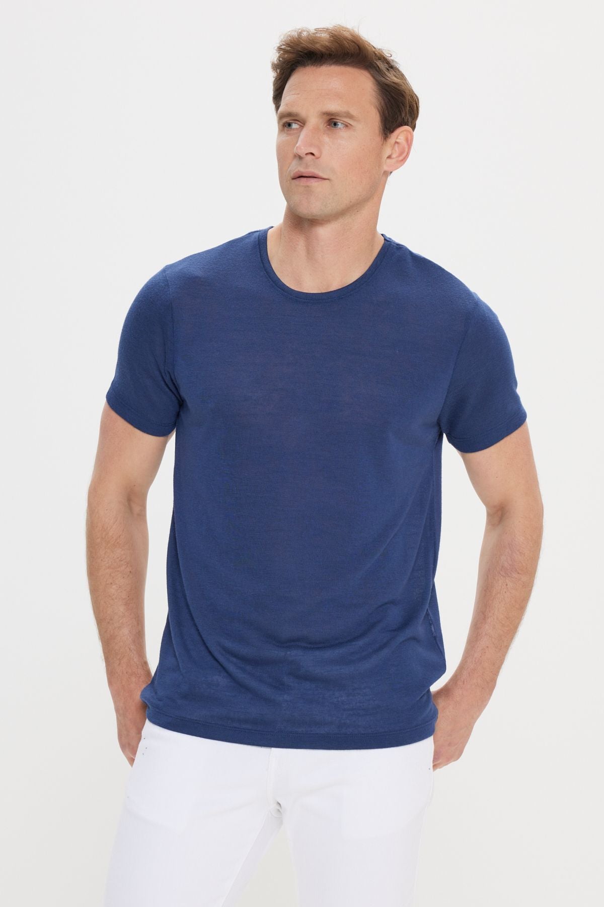 Men's navy blue slim fit narrow cut bike bike collar linen -looking T -shirt