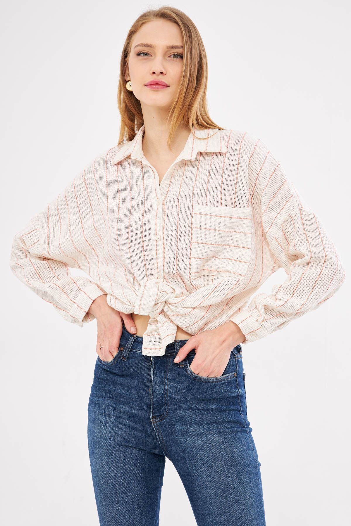 Woman Open Orange Long Sleeve Pocket Detailed Sistle Pleated Striped Oversize Shirt ARM-24Y001053