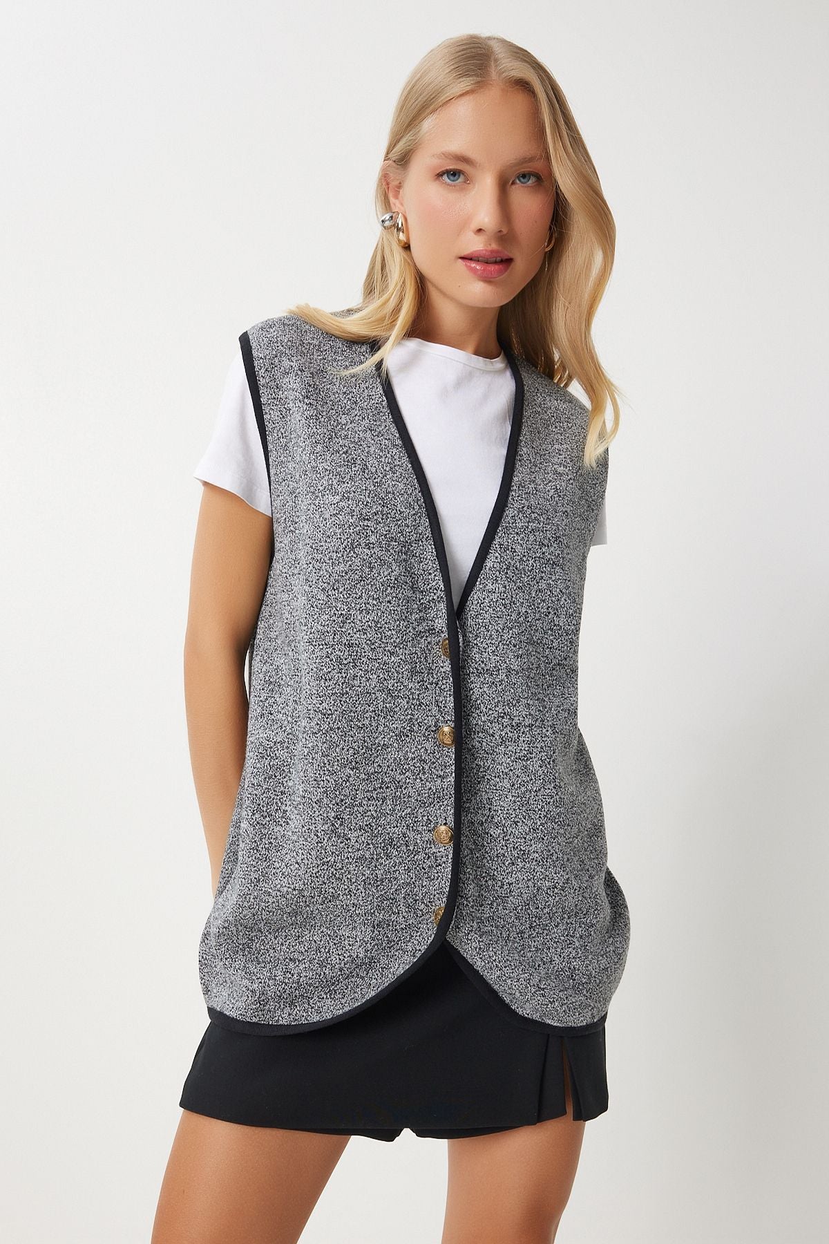 Woman Dark Gray button knitwear vest US00928