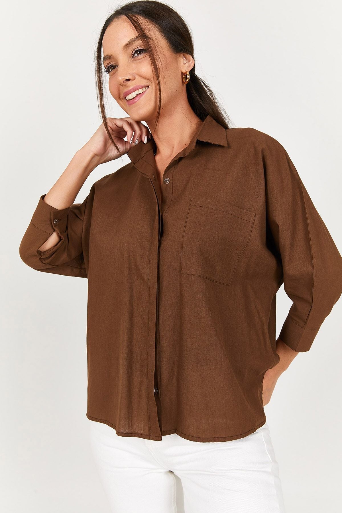 Women's coffee pocket shabby linen shirt ARM-21Y001035