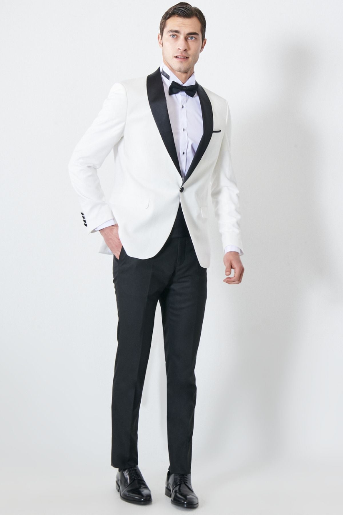 Men's white-black slim fit narrow cut shawl collar pattern classic tuxedo set