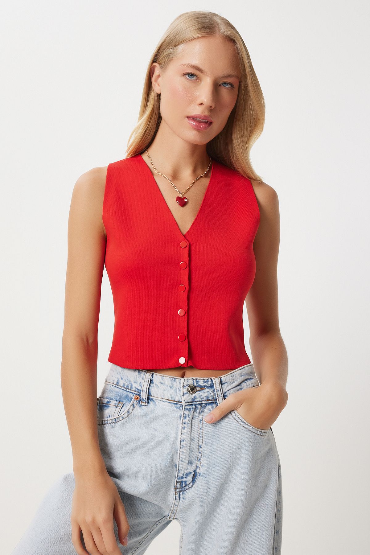 Woman Red V -Neck Knitwear Vest PF00087