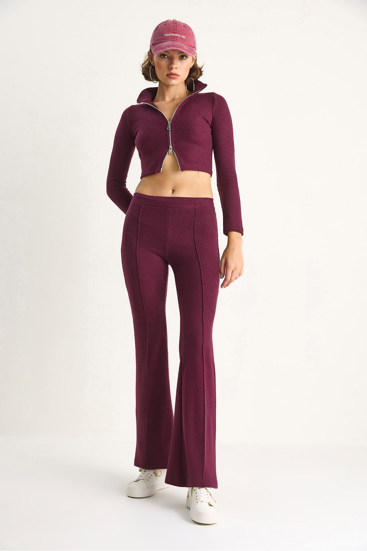 Women's Corduroy Knitted Fabric Double Zipper Detailed Turtleneck Bottom-Top Suit 2421 60284063