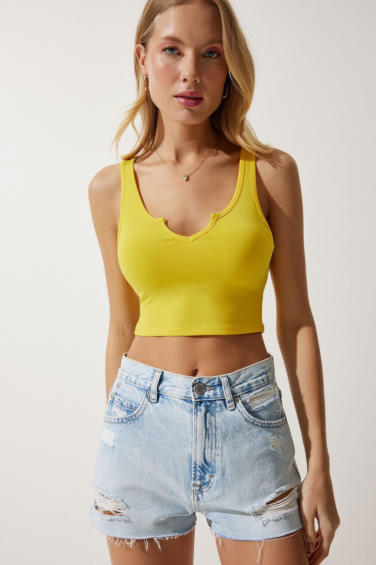 Woman Yellow Strap Crop knitted blouse OW00030