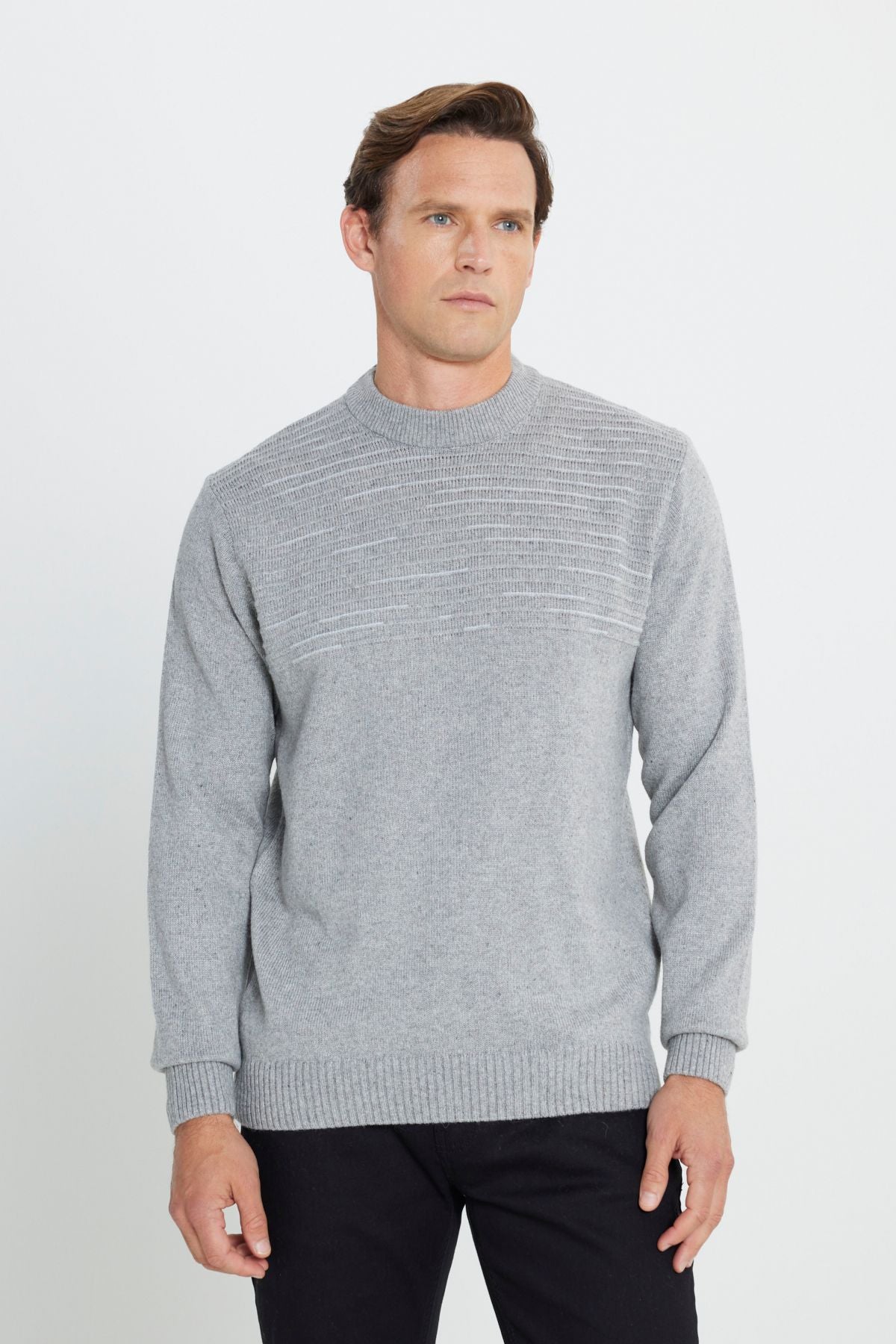 Men's Gray Standard Fit Normal Cut HALF FISHER YAKA KNIT