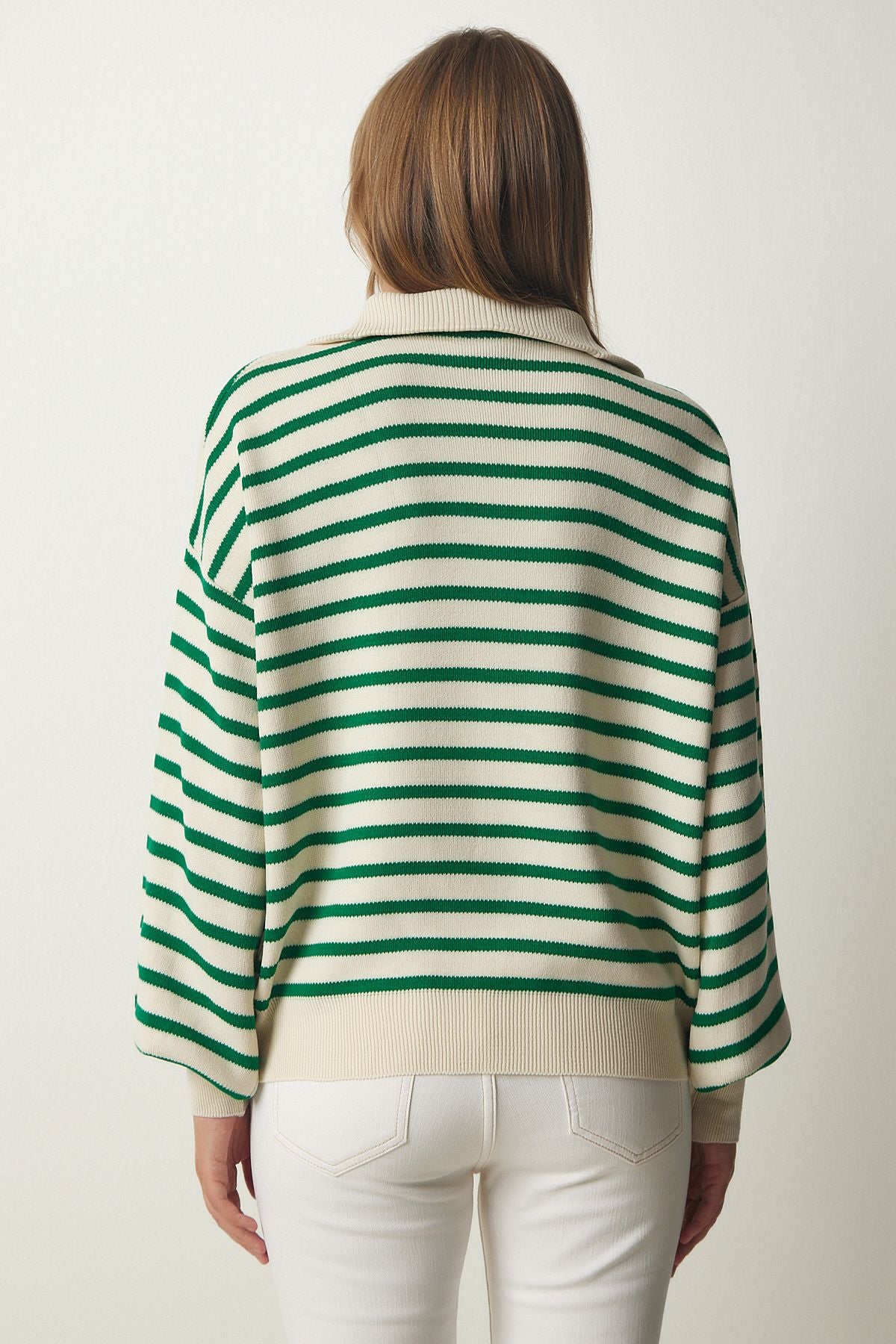 Women's Cream Green Striped Zippered Yaka Knitwear Sweater PF00039