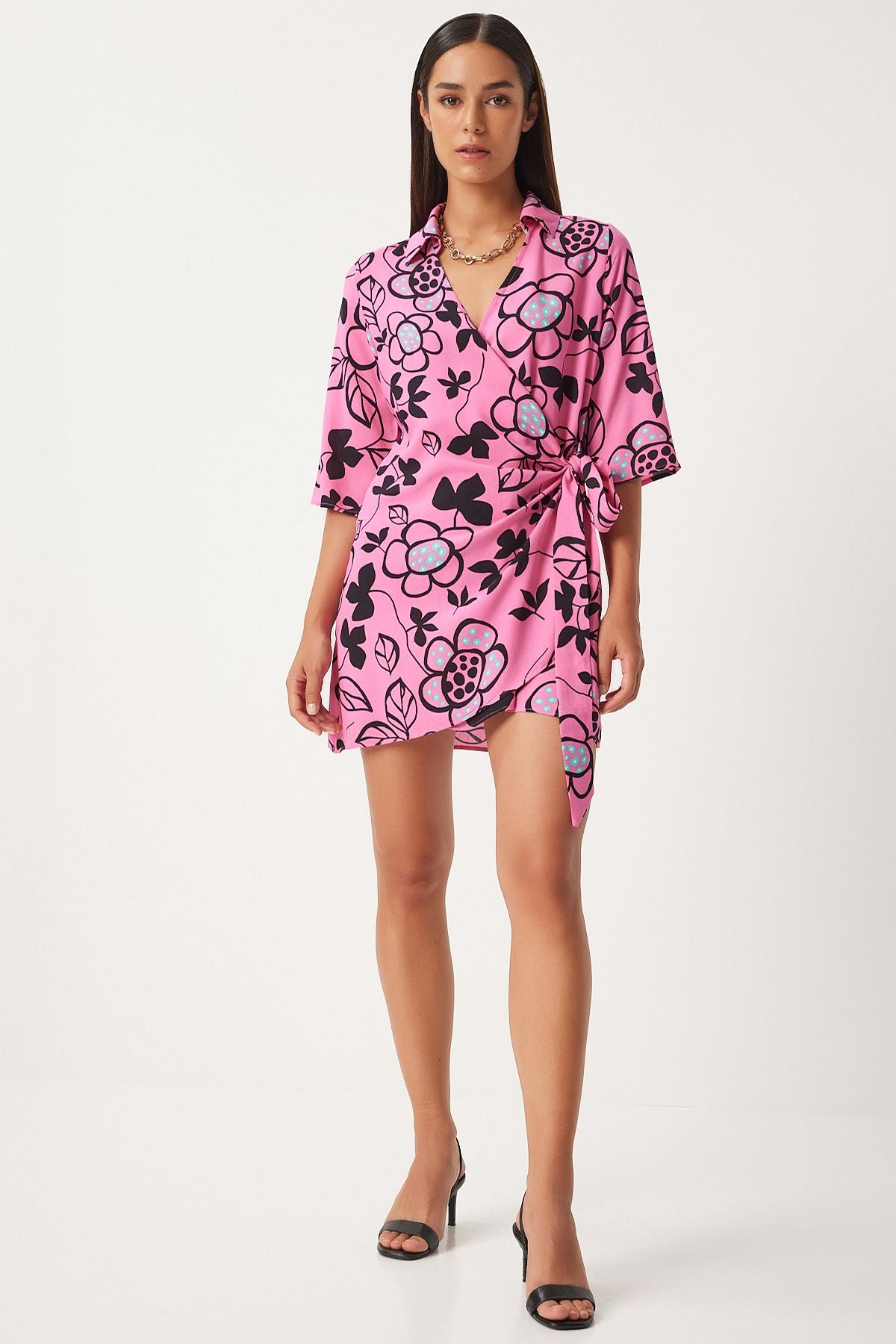 Female Pink Patterned Summer Viscose Anvelop Dress FN03226