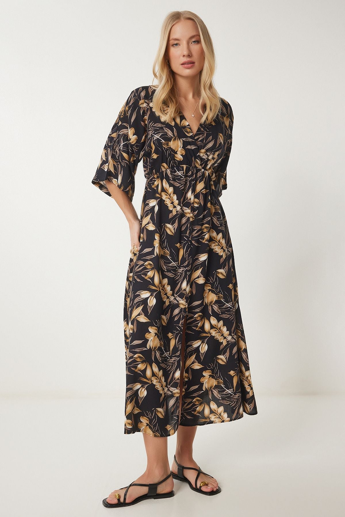 Female Black Beige Anvelop Yaka Patterned Summer Viscose Dress DK00166