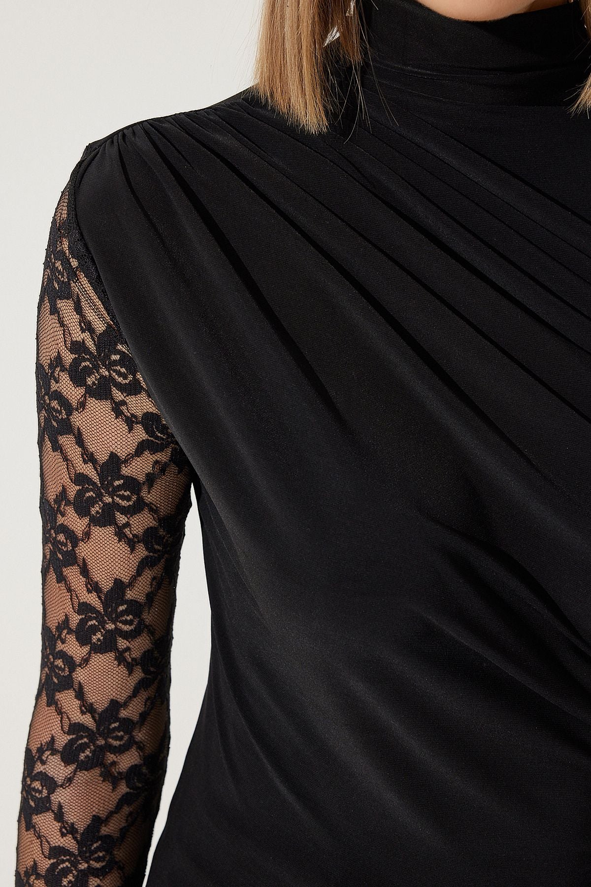 Female black lace sleeve shirred knitted blouse FF00164
