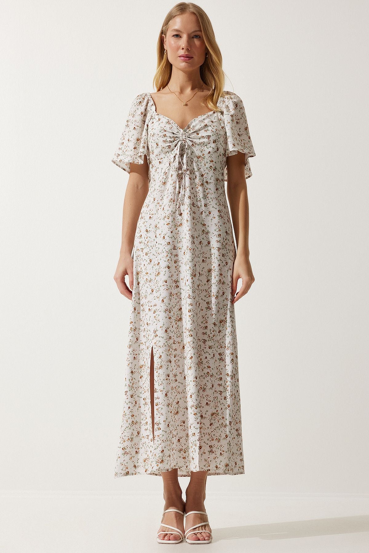Female ecru slit detailed flywheel viscose dress ub00247