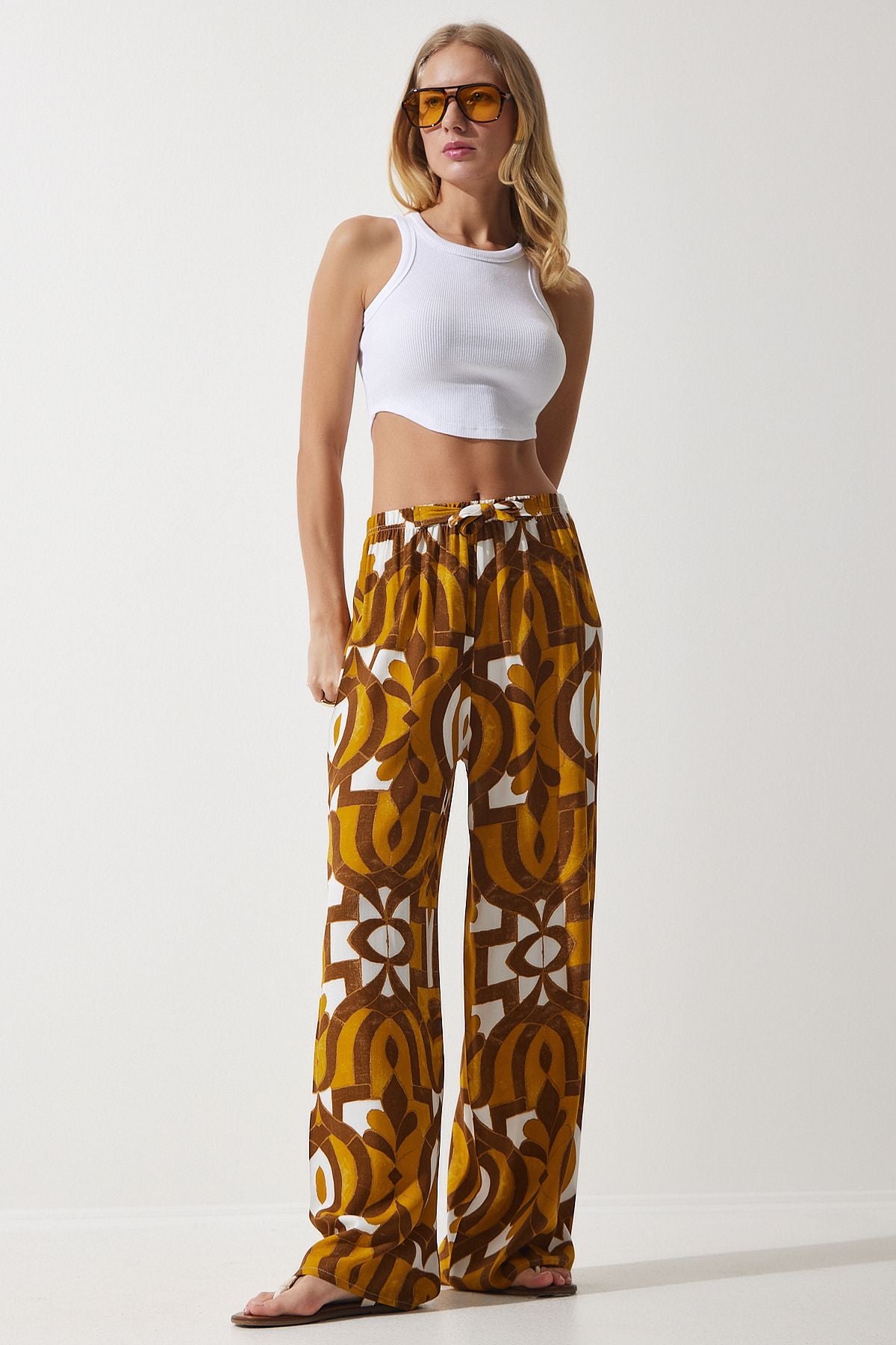 Female mustard patterned draped viscose palazzo pants EN00606