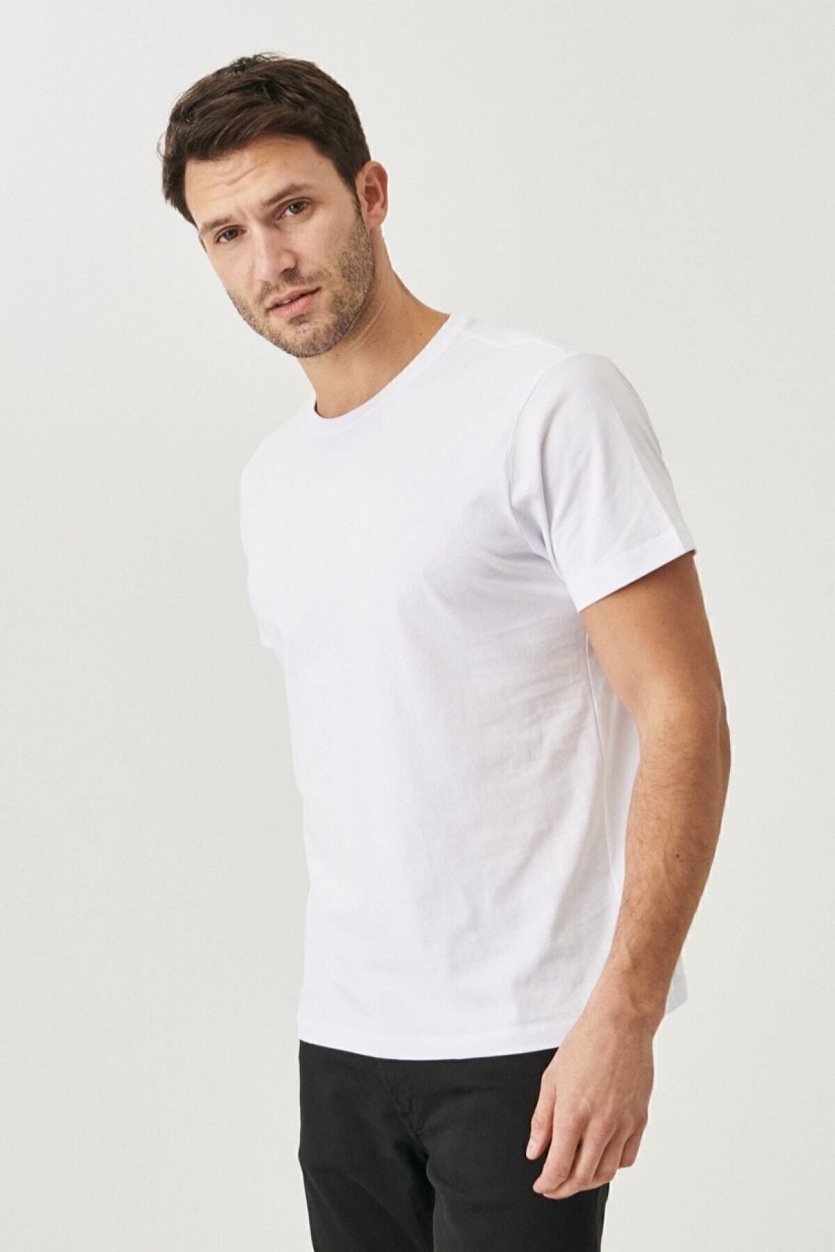 Men's White-Lacivert-Black-Black-Gri Melanj Slim Fit Bicycle Collar 100 %Cotton 5 Piece Basic T-shirt package