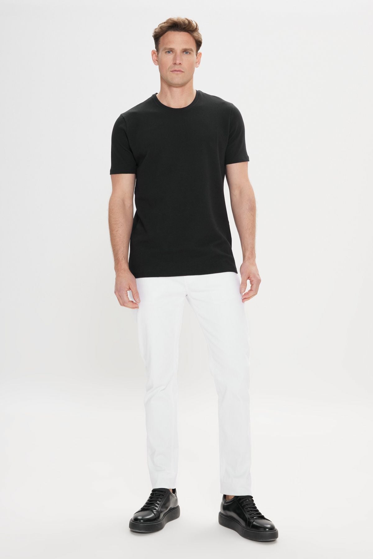 Men's black slim fit narrow cut modal bike collar soft key flexible basic t -shirt