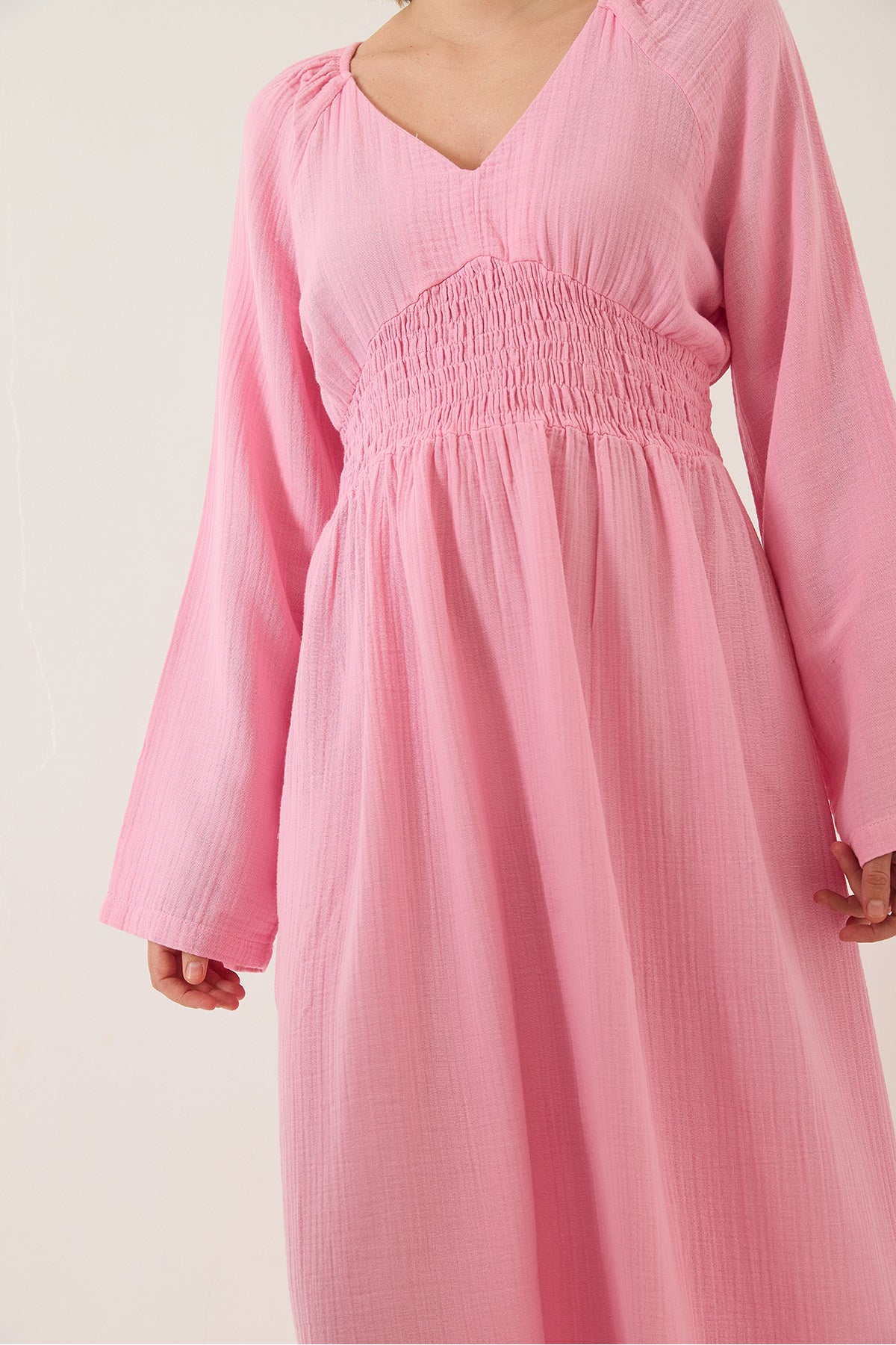 Women's V-neck Waist Gimped Wide Sleeve Slit Detailed Long Cotton Muslin Dress 3016 60283196