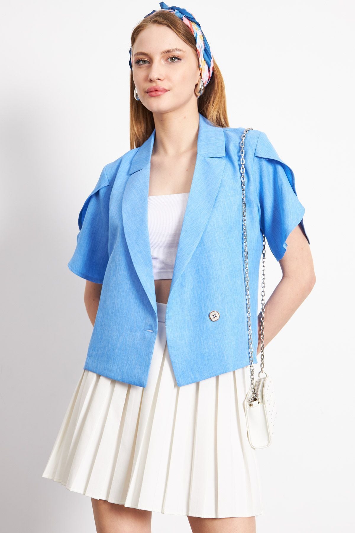 Woman Light Blue Lend Slip Detail Crop Short Sleeve Jacket ARM-24Y001048