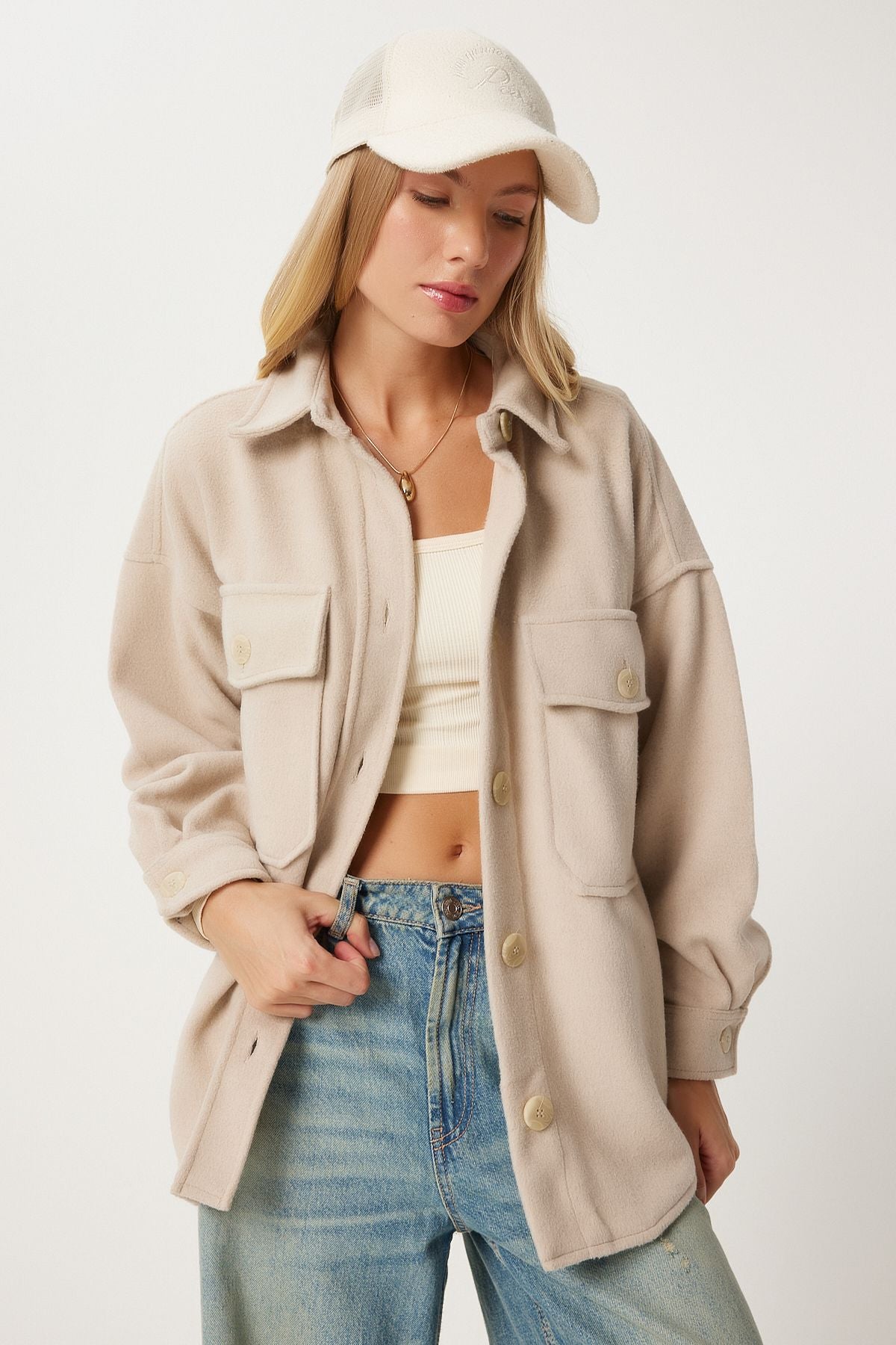 Female beige pocket stamp shirt jacket nv00071