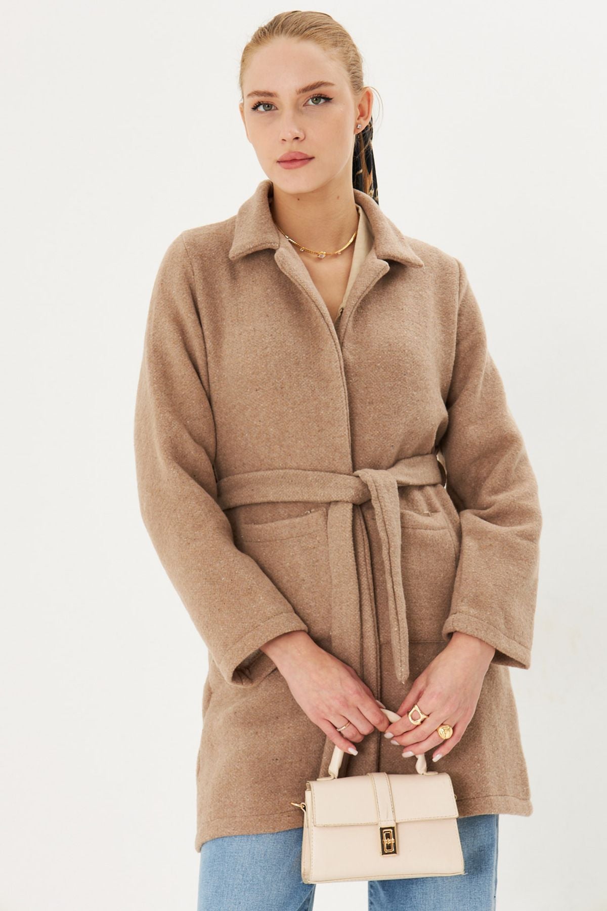 Female Beige Men's Collar Pocket Belt Coat Arm-25k001053