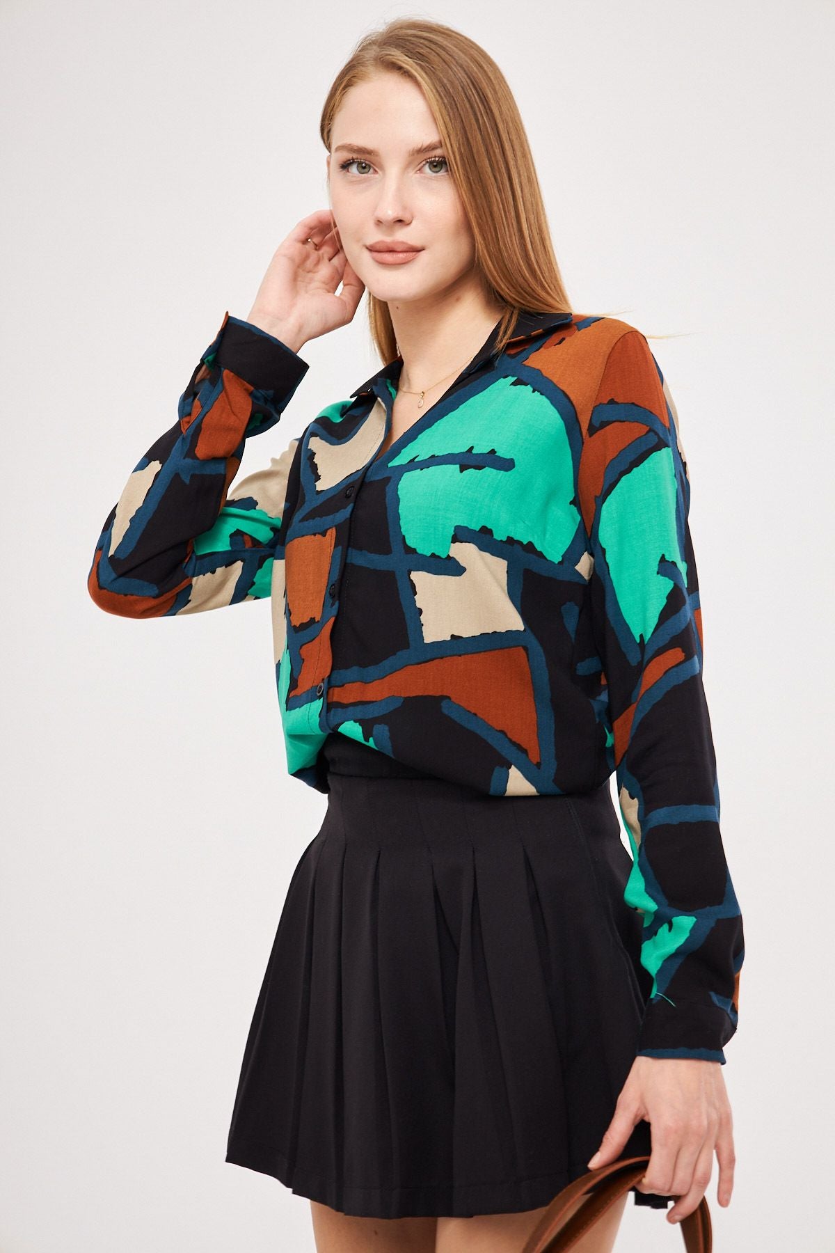 Female turquoise patterned long arm shirt ARM-25K001040