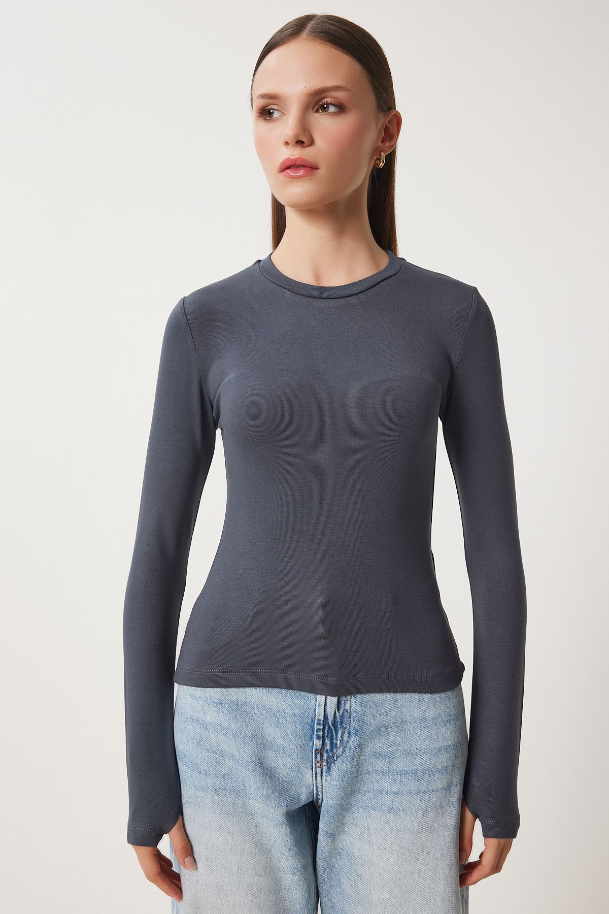 Woman anthracite bicycle collar Basic knit blouse CR00439