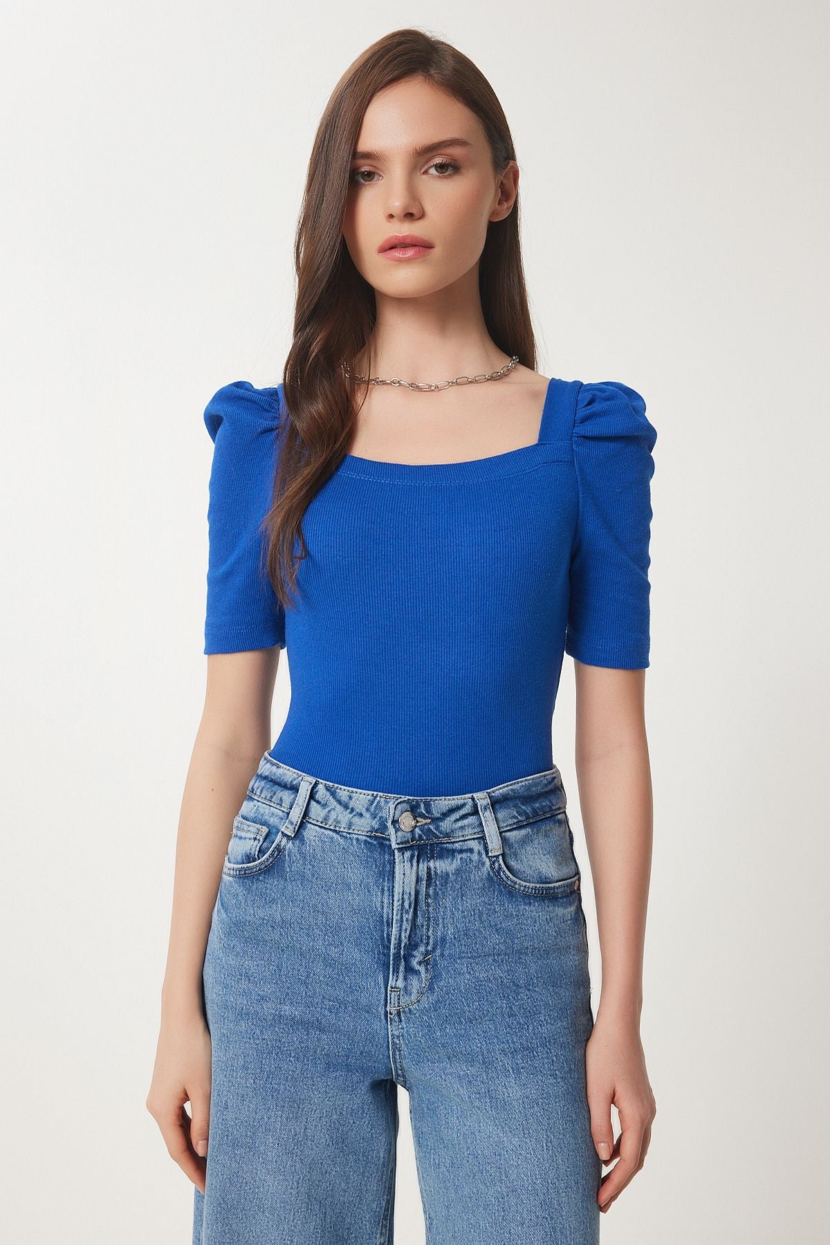 Woman Dark Blue Square Collar Crop Blouse GT00007